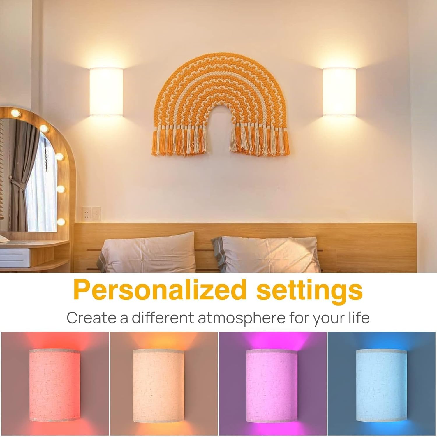 Wall Lights 2pc, Battery Operated Fabric Sconce w/ Remote, LED Lamps in RGB+Warm
