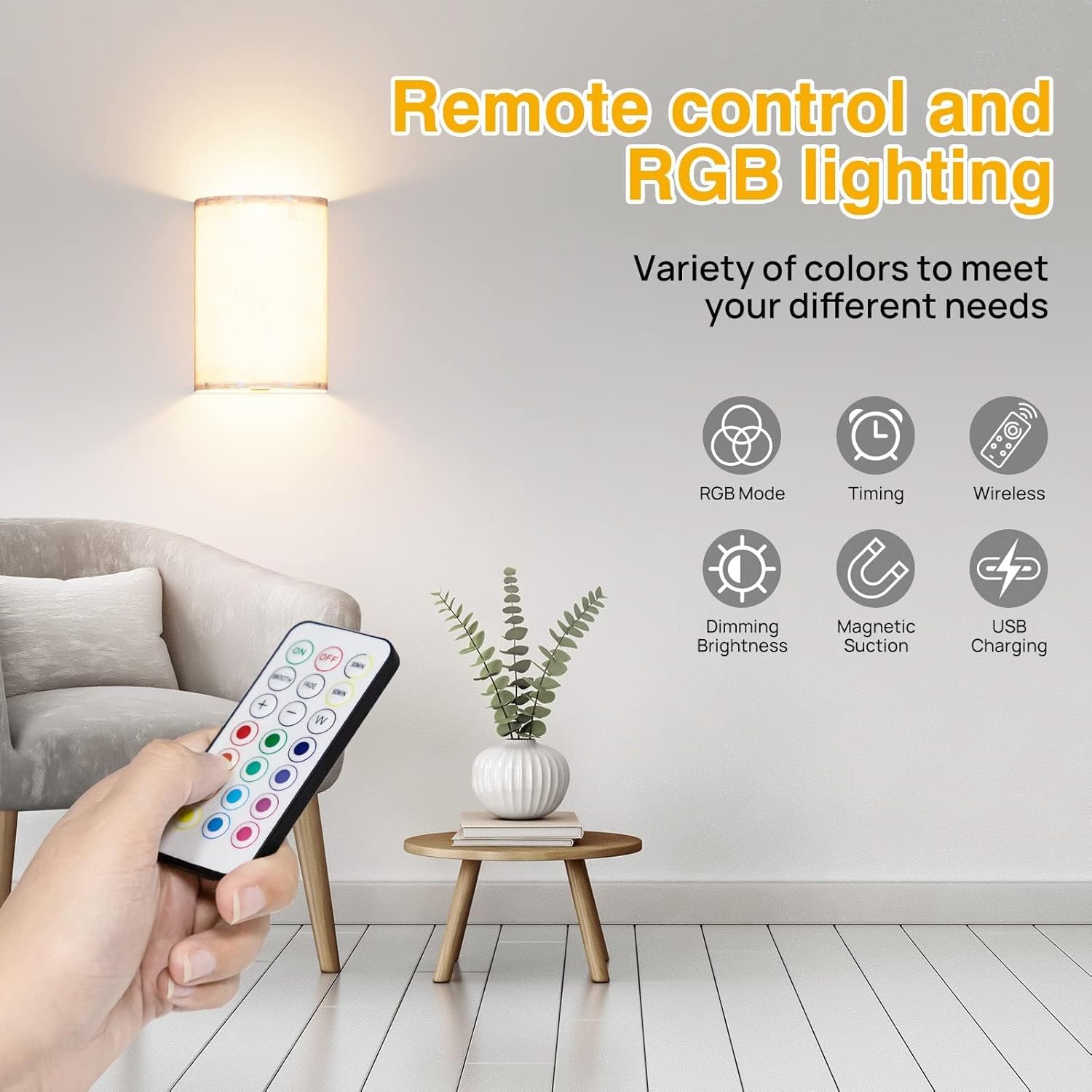 Wall Lights 2pc, Battery Operated Fabric Sconce w/ Remote, LED Lamps in RGB+Warm