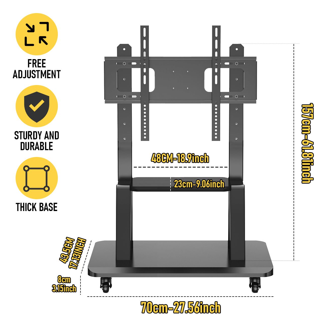 TV Stand for 32–70 Inch TVs w/ Projector Shelf, Lockable Wheels, Adjustable
