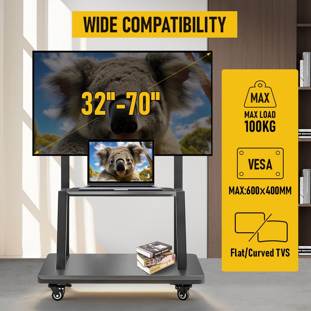 TV Stand for 32–70 Inch TVs w/ Projector Shelf, Lockable Wheels, Adjustable