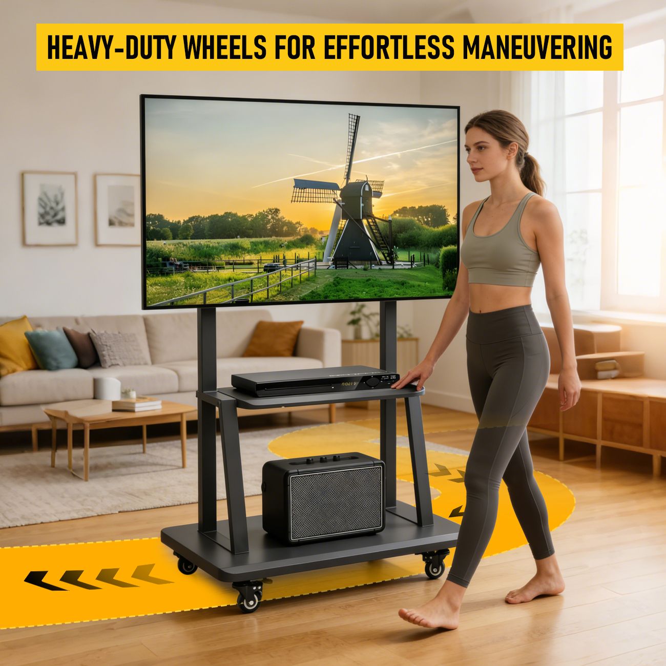TV Stand for 32–70 Inch TVs w/ Projector Shelf, Lockable Wheels, Adjustable