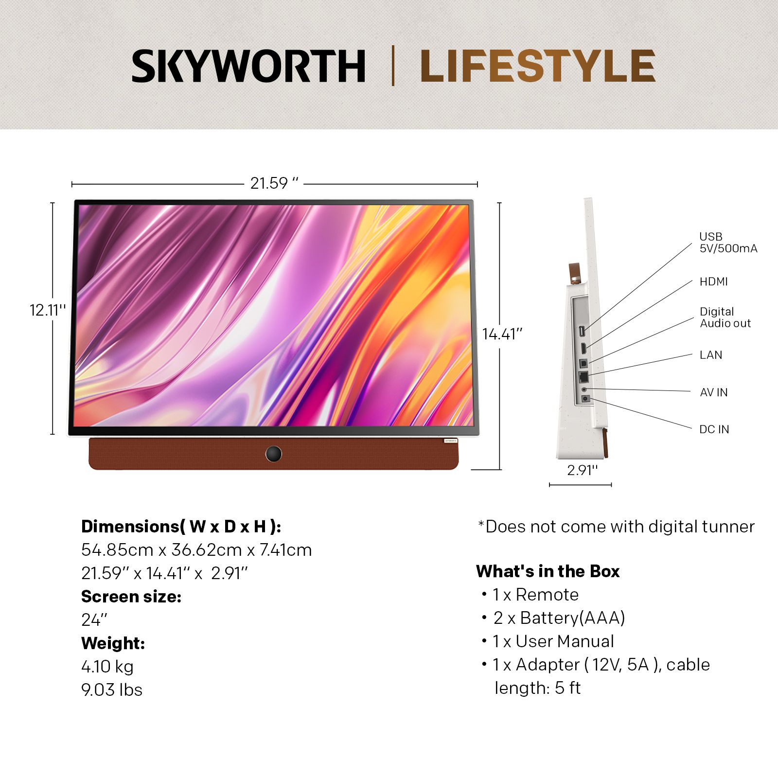 SKYWORTH 24-Inch 12V Portable TV,3-Hour Battery,1080P FHD,Wide Viewing