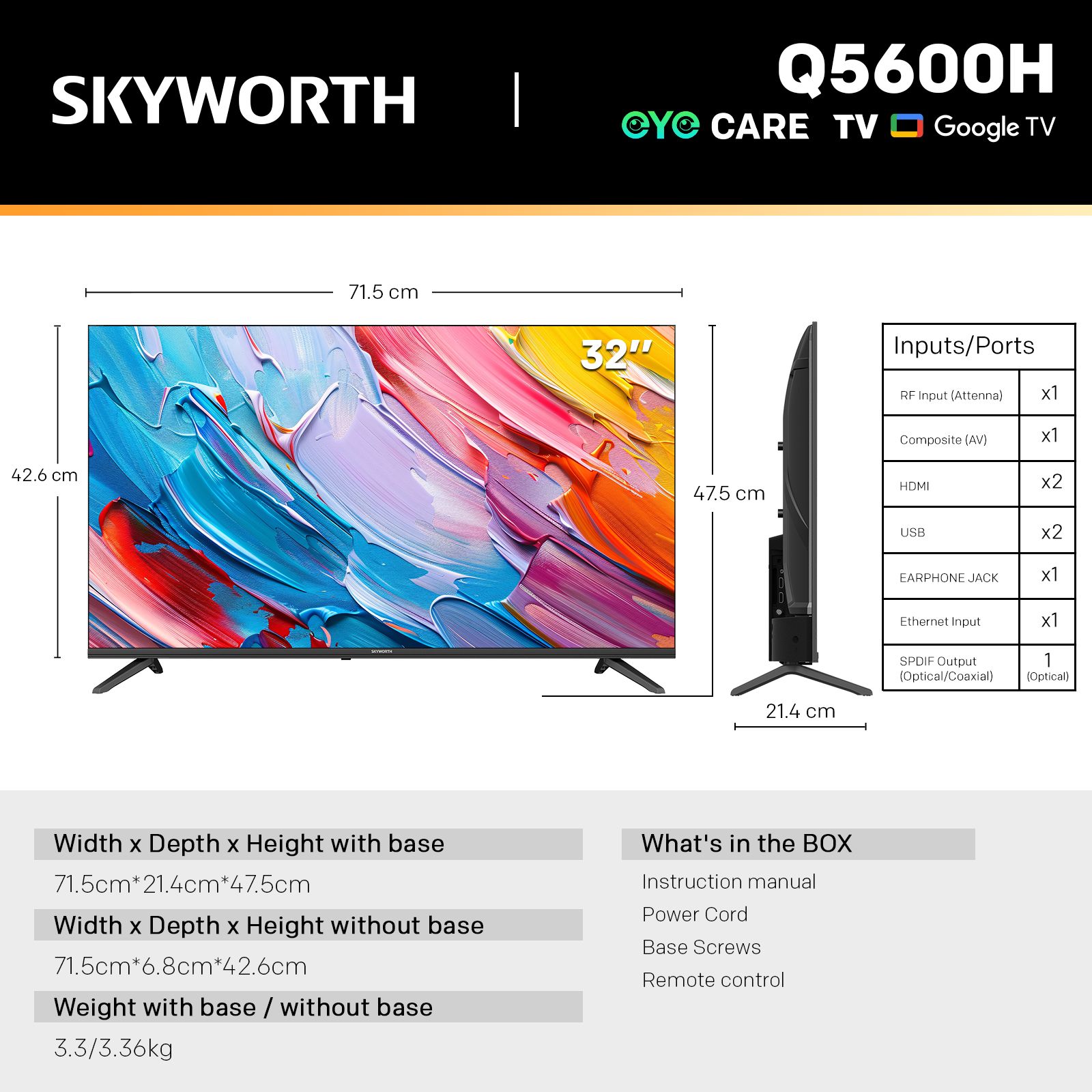 SKYWORTH Q5600H 32''-QLED+ Smart Google TV, HD, HDR10 HLG, Find-My Remote, Dolby