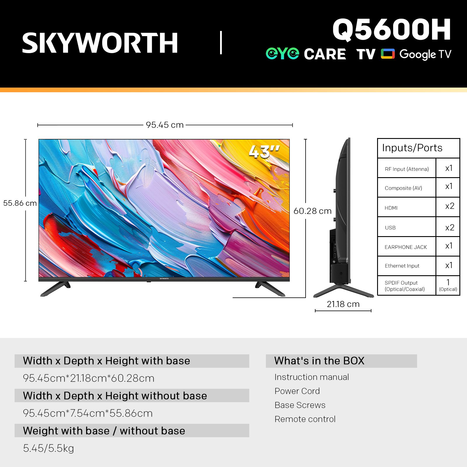 SKYWORTH Q5600H 43''-QLED+ Smart Google TV, FHD, HDR10 HLG, Find-My Remote,Dolby