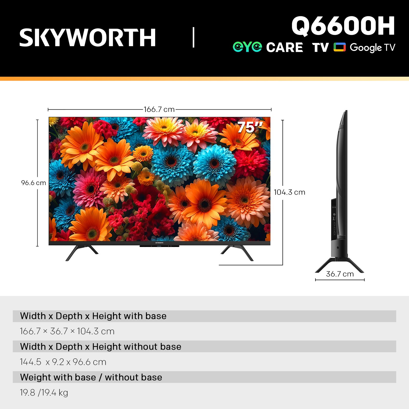 SKYWORTH Q6600H 75" - QLED+ 4K Smart Google TV, Gen 5 Quantum Dot, 120Hz Refresh