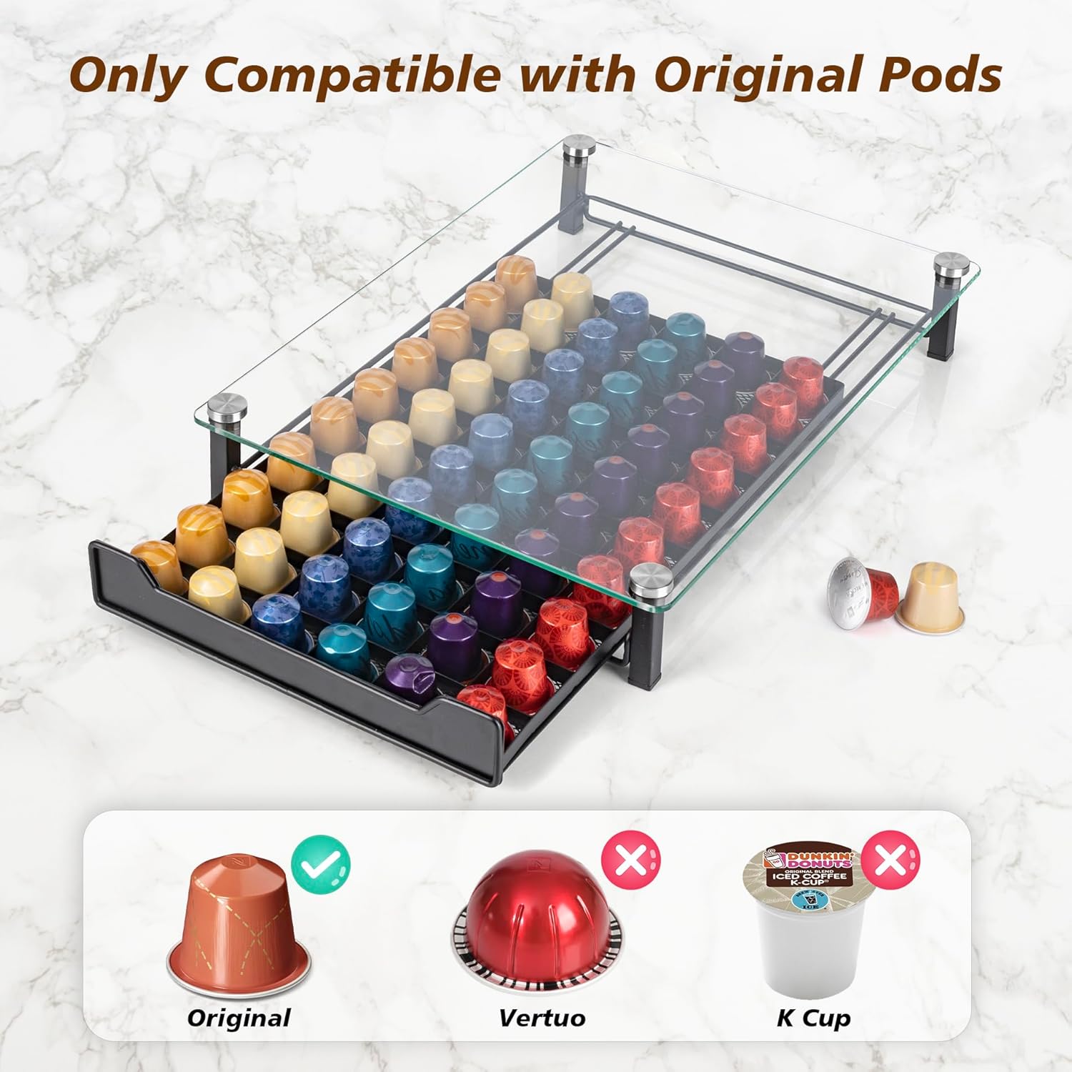 CARLA HOME 60 Coffee Pod Holder Drawer w/ Tempered Glass Capsule Organizer for