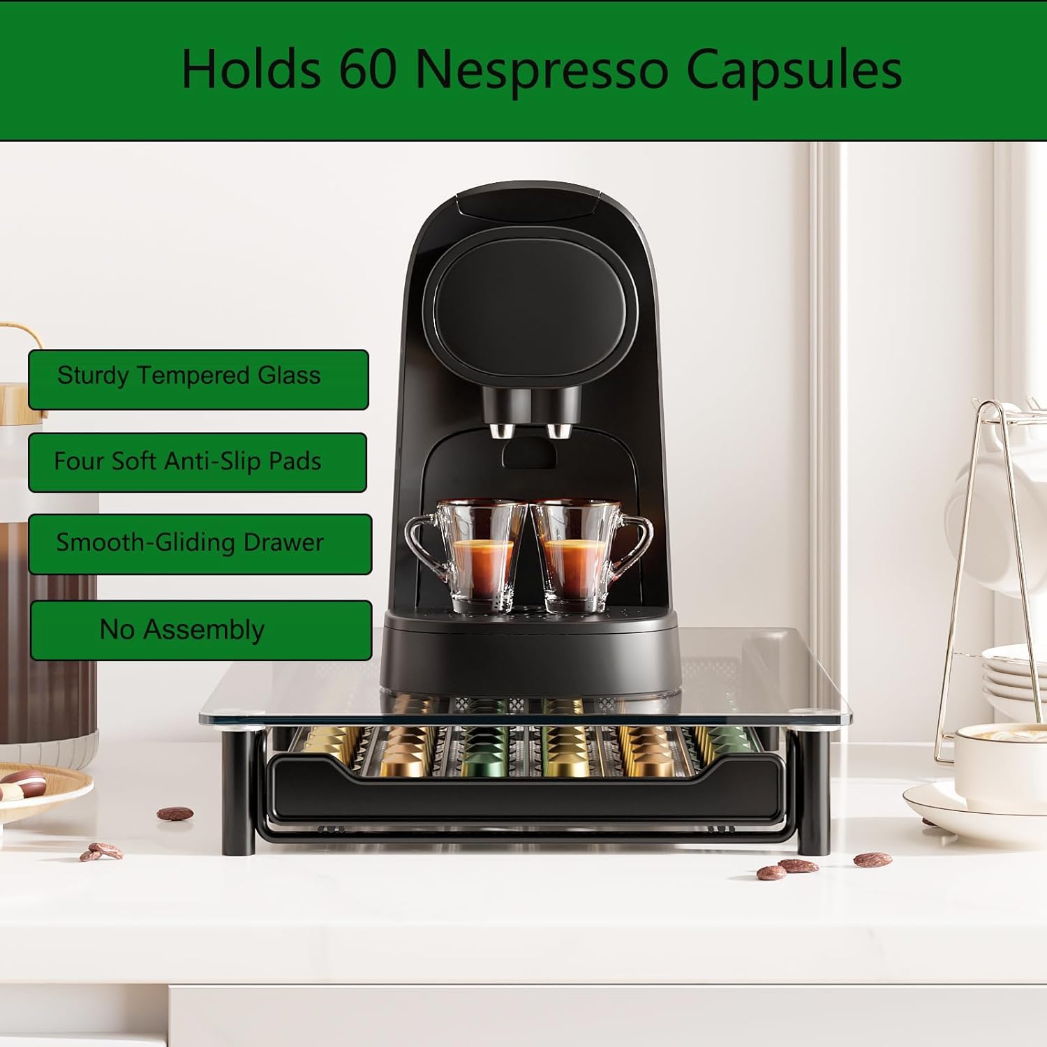 CARLA HOME 60 Coffee Pod Holder Drawer w/ Tempered Glass Capsule Organizer for