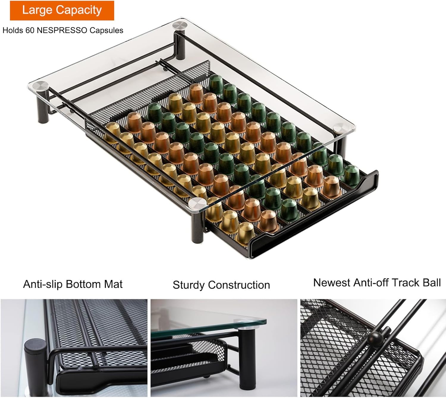 CARLA HOME 60 Coffee Pod Holder Drawer w/ Tempered Glass Capsule Organizer for