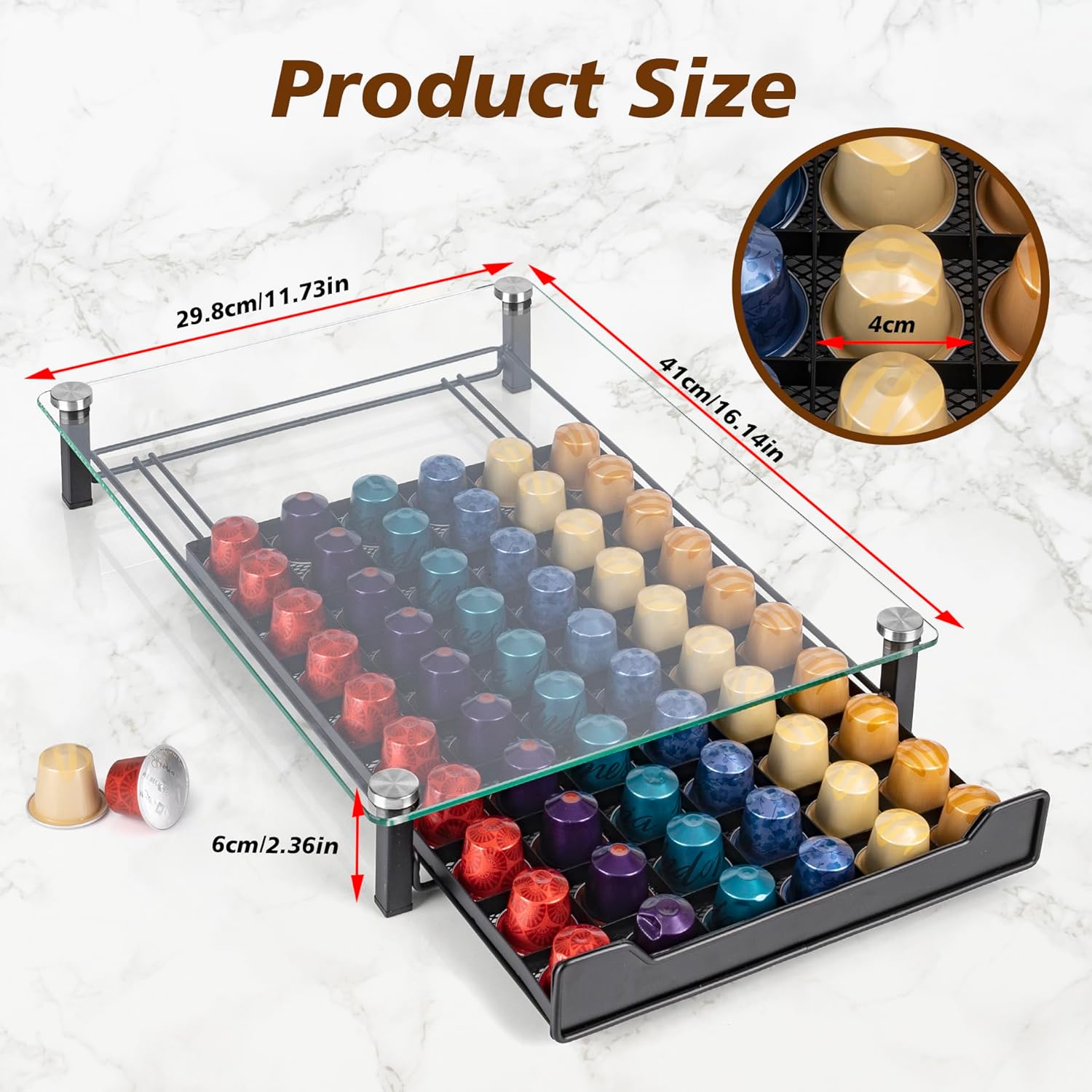 CARLA HOME 60 Coffee Pod Holder Drawer w/ Tempered Glass Capsule Organizer for