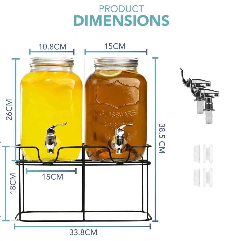 CARLA HOME 2 Pack Glass Drink Dispensers with Juice Pot Stand - 4L