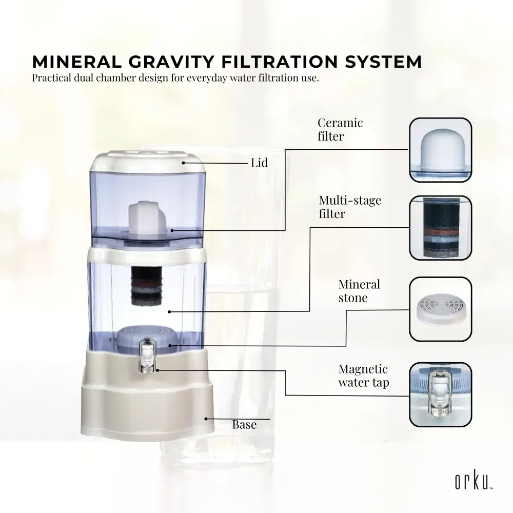 Orku 28L Benchtop Water Filter - 8 Stage Mineral Gravity Filtration System
