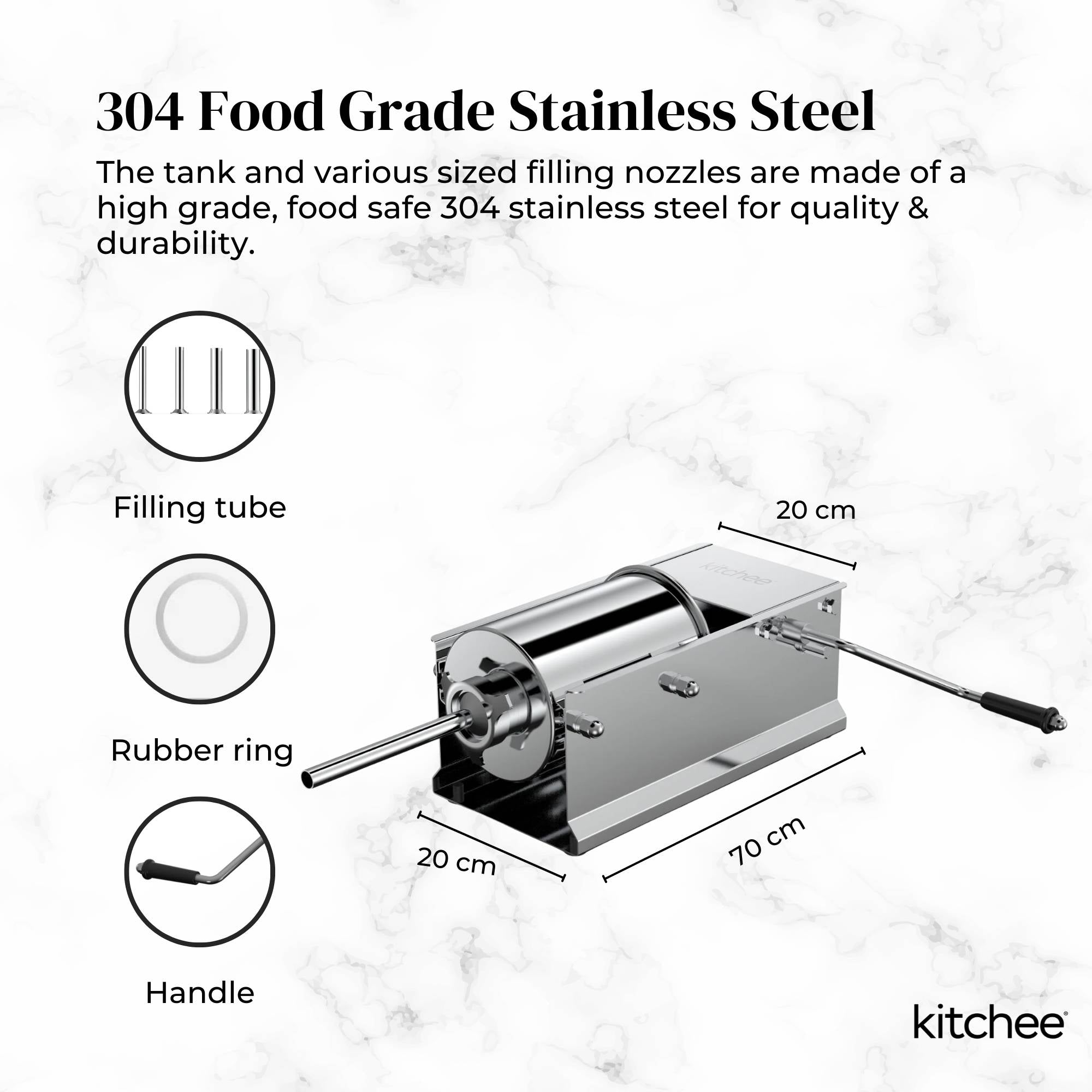 Kitchee 7L Manual Horizontal Sausage Filler - Stainless Stuffer Meat Press