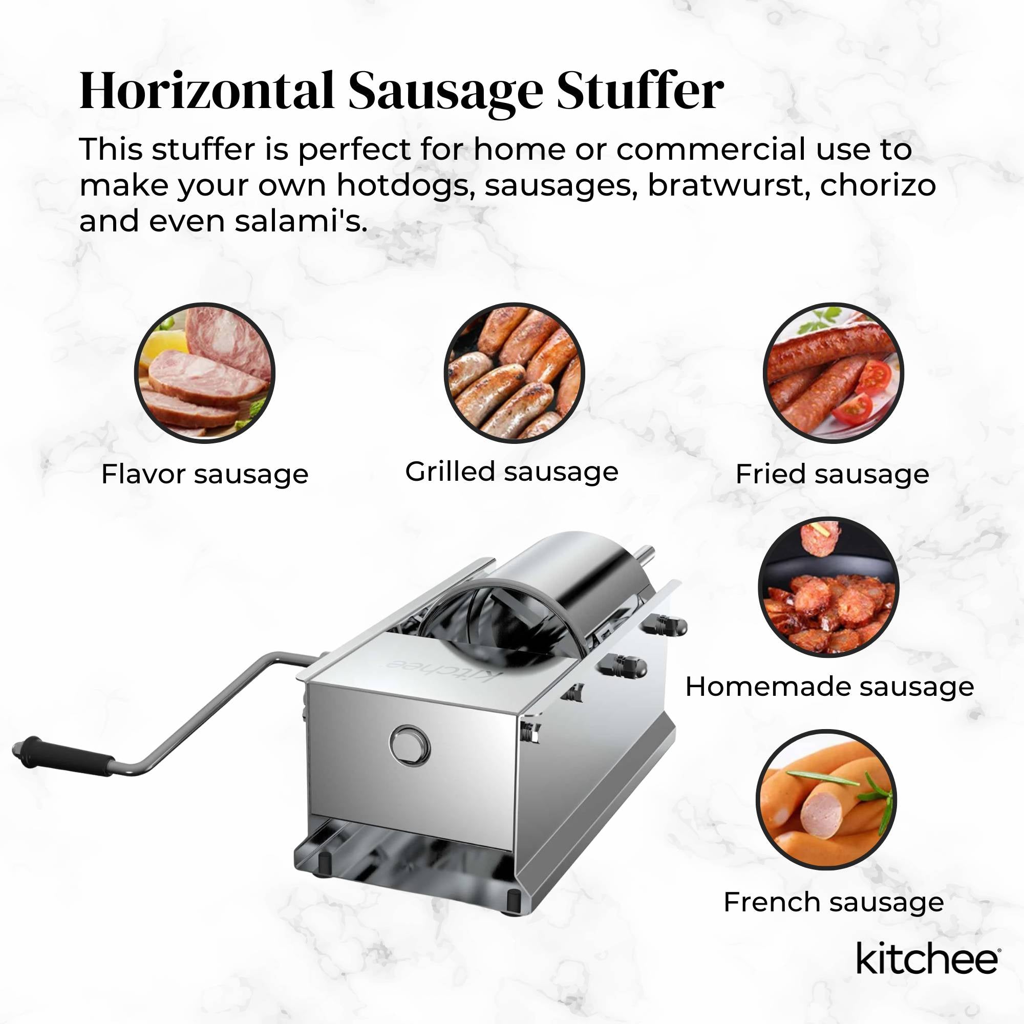 Kitchee 7L Manual Horizontal Sausage Filler - Stainless Stuffer Meat Press