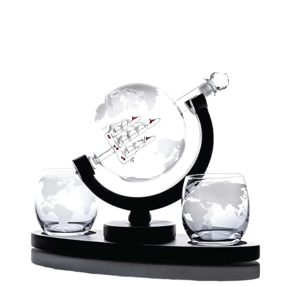 Kitchee 850ml Whiskey or Wine Globe Glass Decanter Set - 2 Glasses + Stand