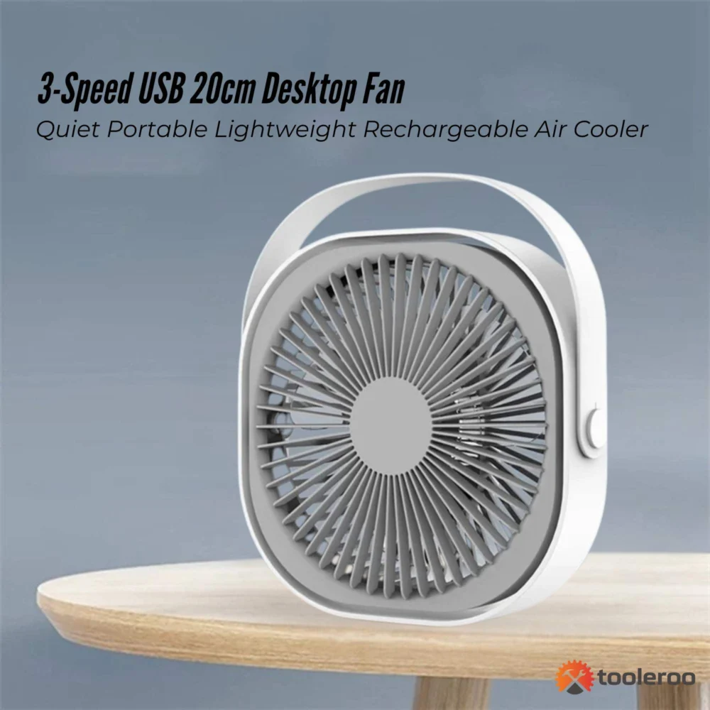 3-Speed USB 20cm Desktop Fan - Quiet Portable Lightweight Rechargeable Cooler
