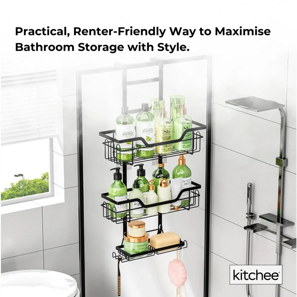 Kitchee 3 Tier Shower Caddy Over Door Bathroom Shelf Storage Rack Black