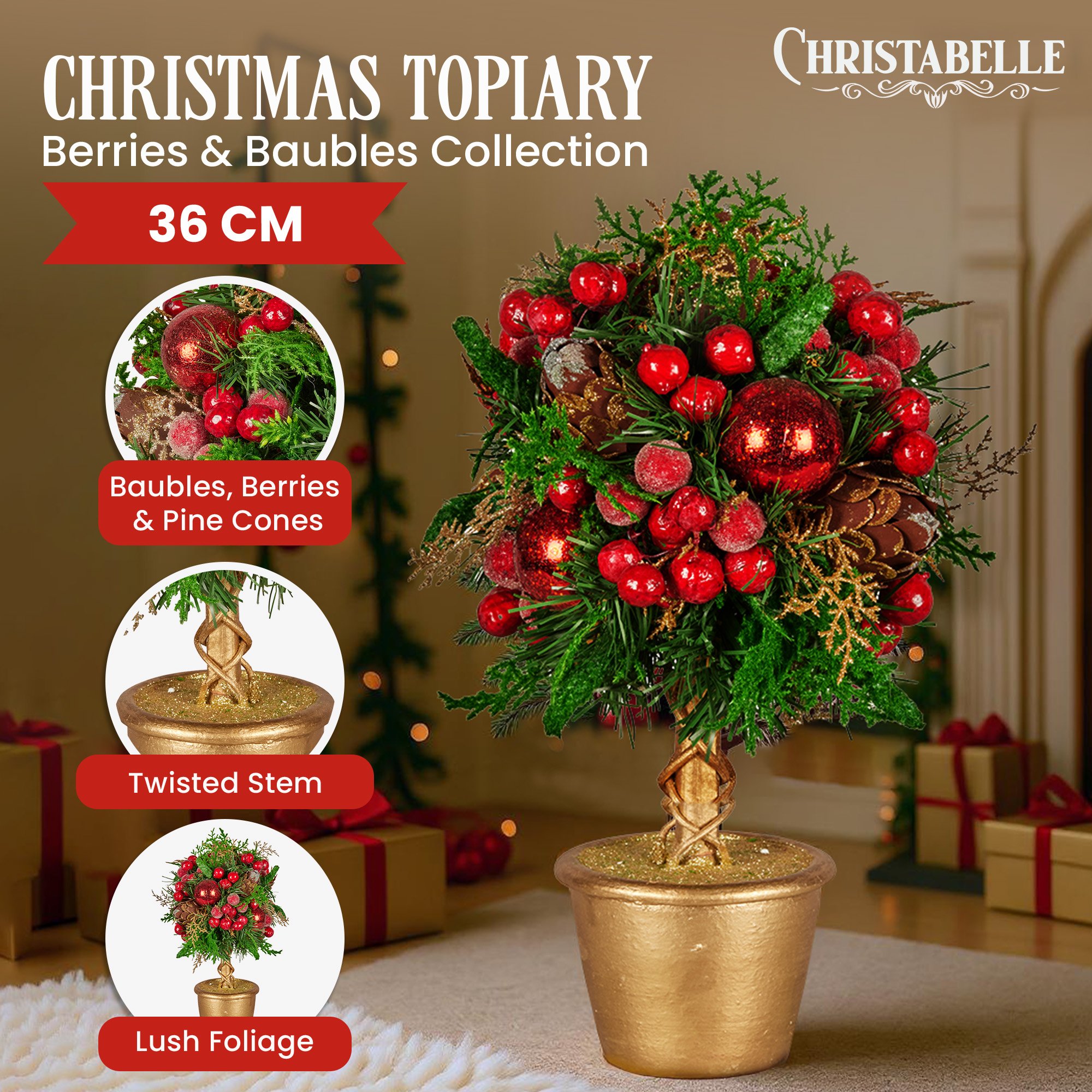 Christabelle 36cm Christmas Tabletop Topiary Tree Pre-Decorated Berries, Baubles