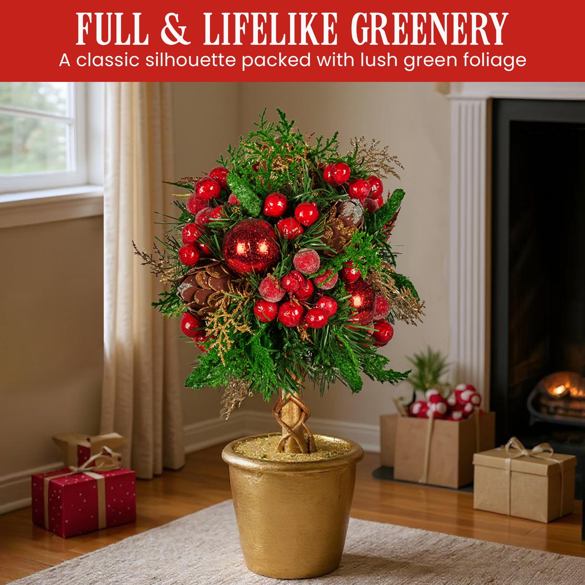 Christabelle 36cm Christmas Tabletop Topiary Tree Pre-Decorated Berries, Baubles