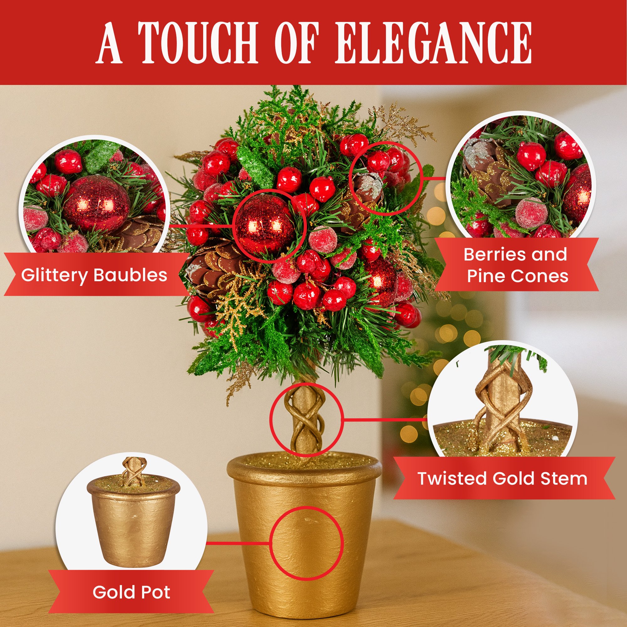Christabelle 36cm Christmas Tabletop Topiary Tree Pre-Decorated Berries, Baubles