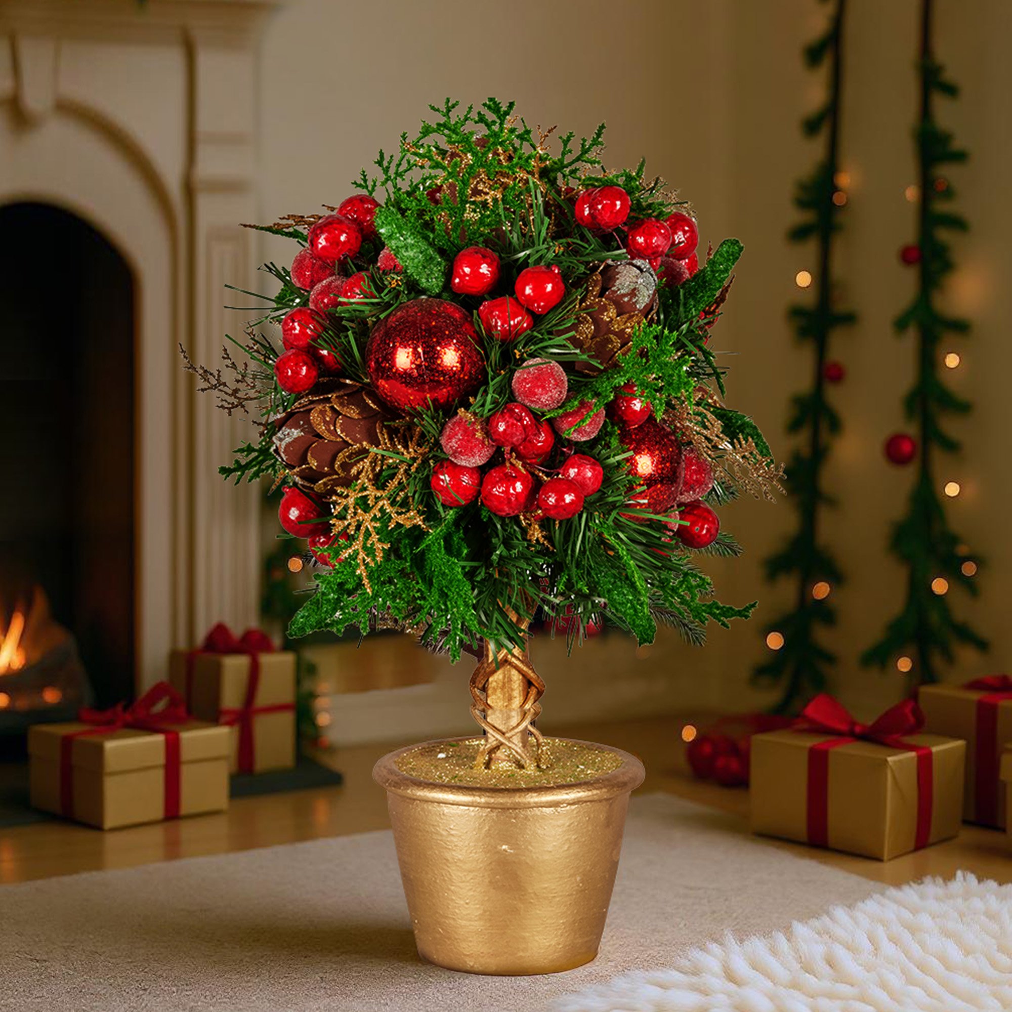 Christabelle 36cm Christmas Tabletop Topiary Tree Pre-Decorated Berries, Baubles