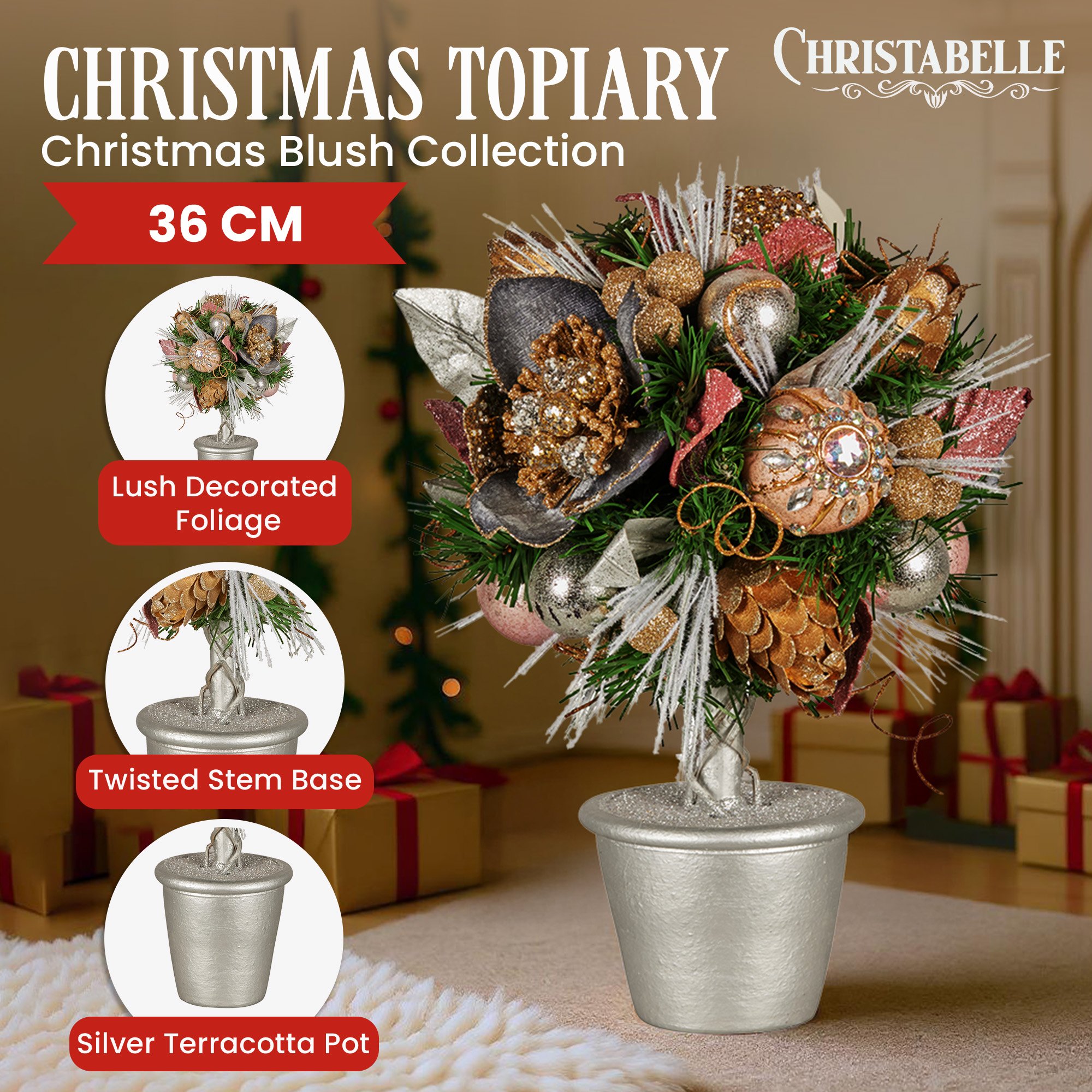 Christabelle 36cm Christmas Tabletop Topiary Tree Jewelled Baubles, Berries