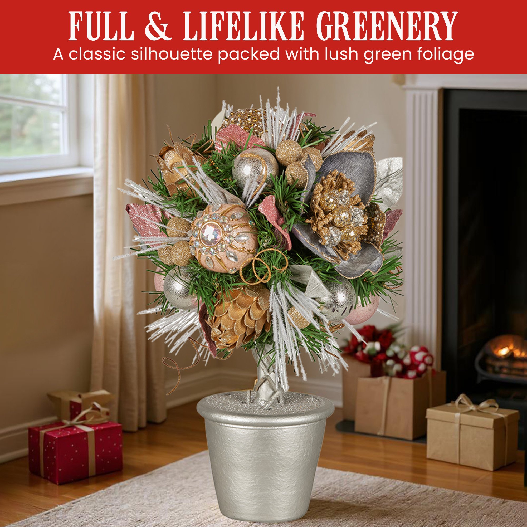 Christabelle 36cm Christmas Tabletop Topiary Tree Jewelled Baubles, Berries