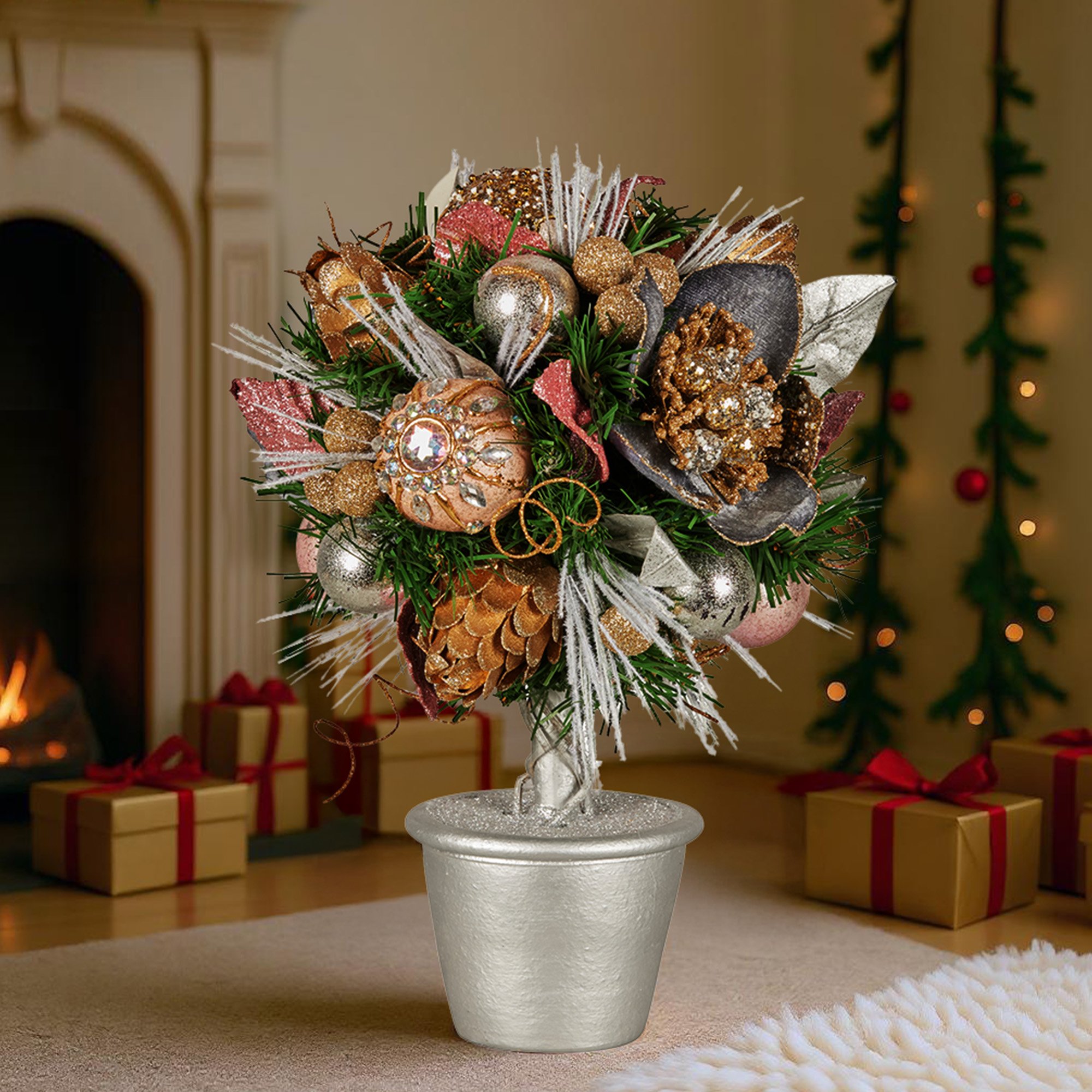 Christabelle 36cm Christmas Tabletop Topiary Tree Jewelled Baubles, Berries