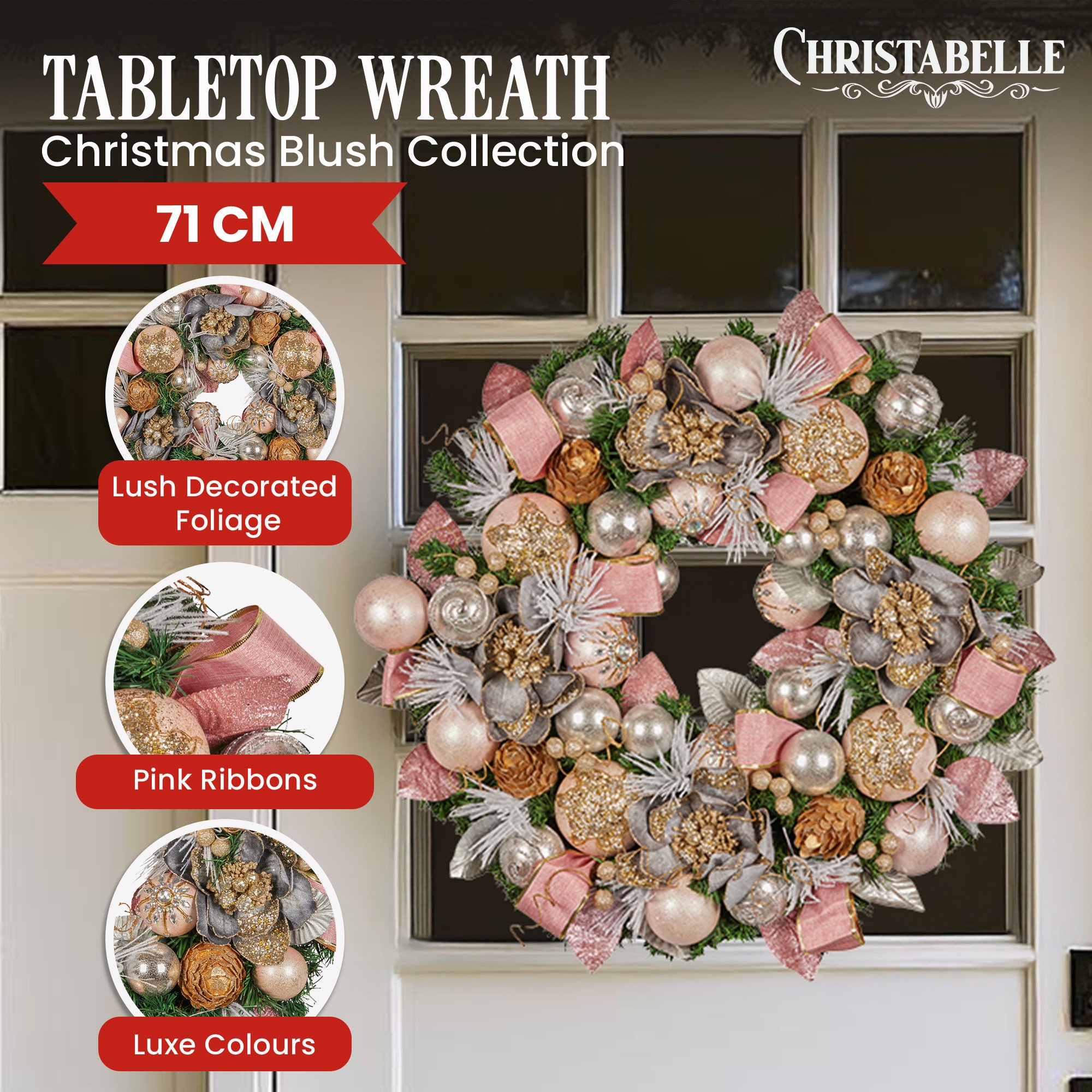 Christabelle 71cm Christmas Wreath Lush Pink Front Door Decoration Jewelled