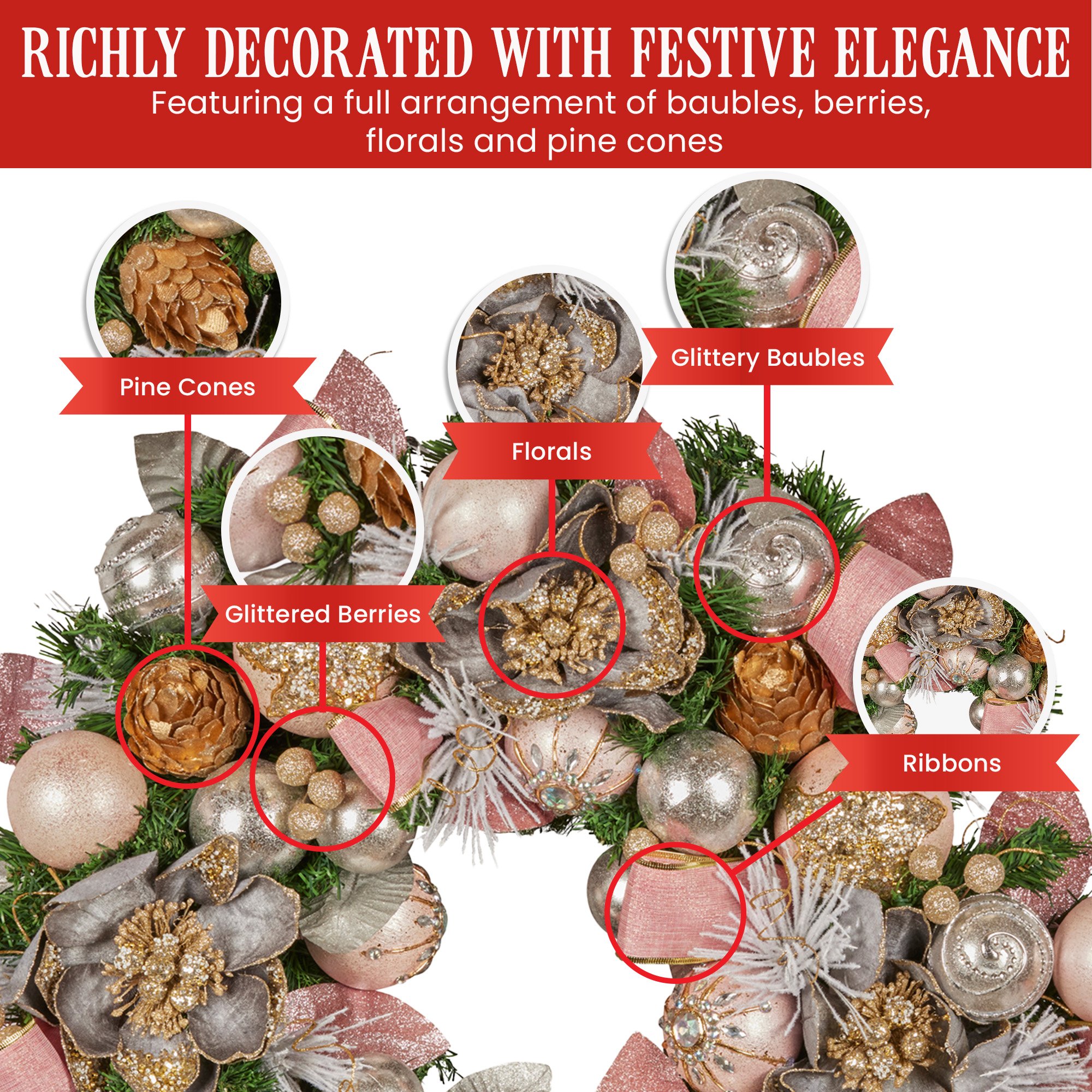 Christabelle 71cm Christmas Wreath Lush Pink Front Door Decoration Jewelled