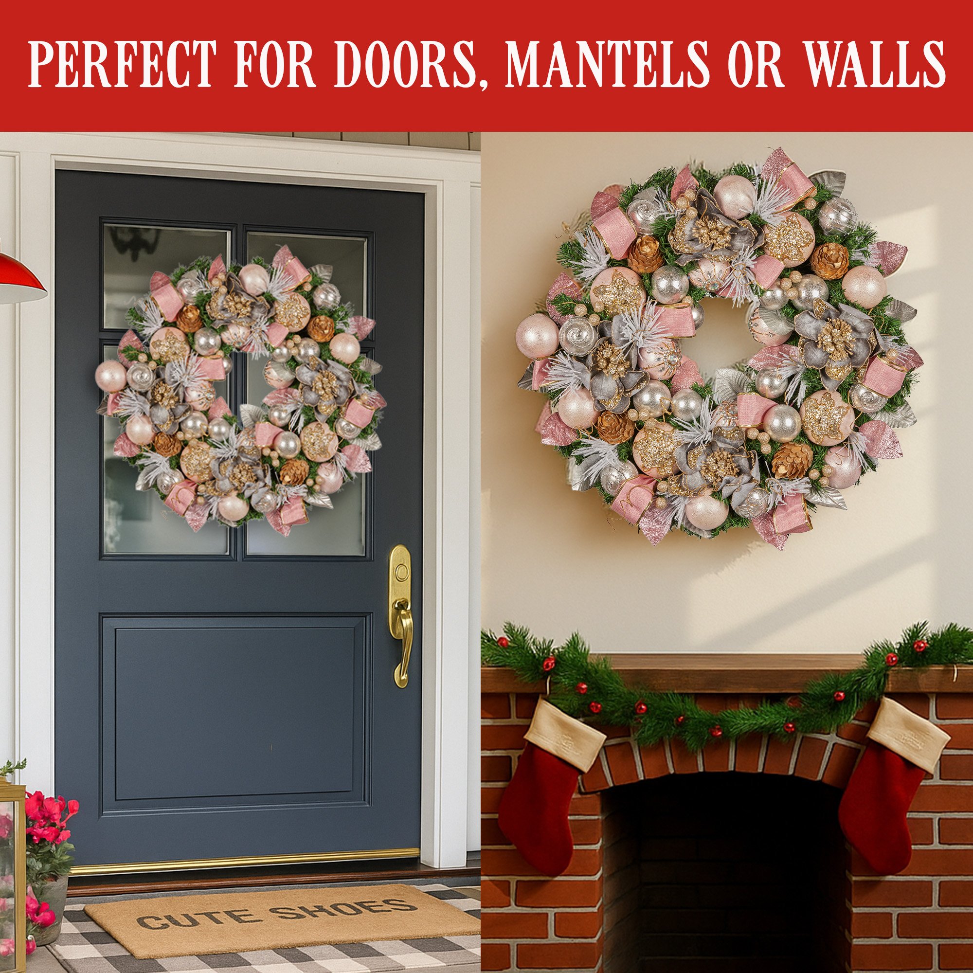Christabelle 71cm Christmas Wreath Lush Pink Front Door Decoration Jewelled