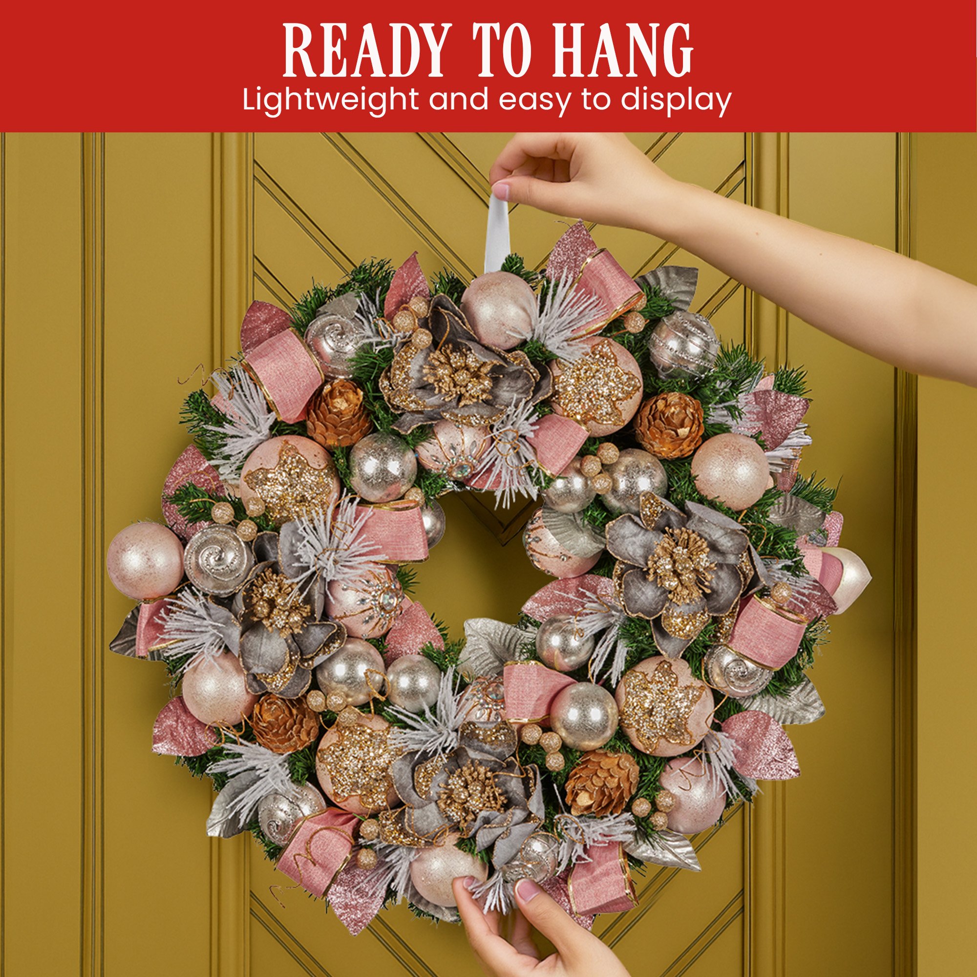 Christabelle 71cm Christmas Wreath Lush Pink Front Door Decoration Jewelled