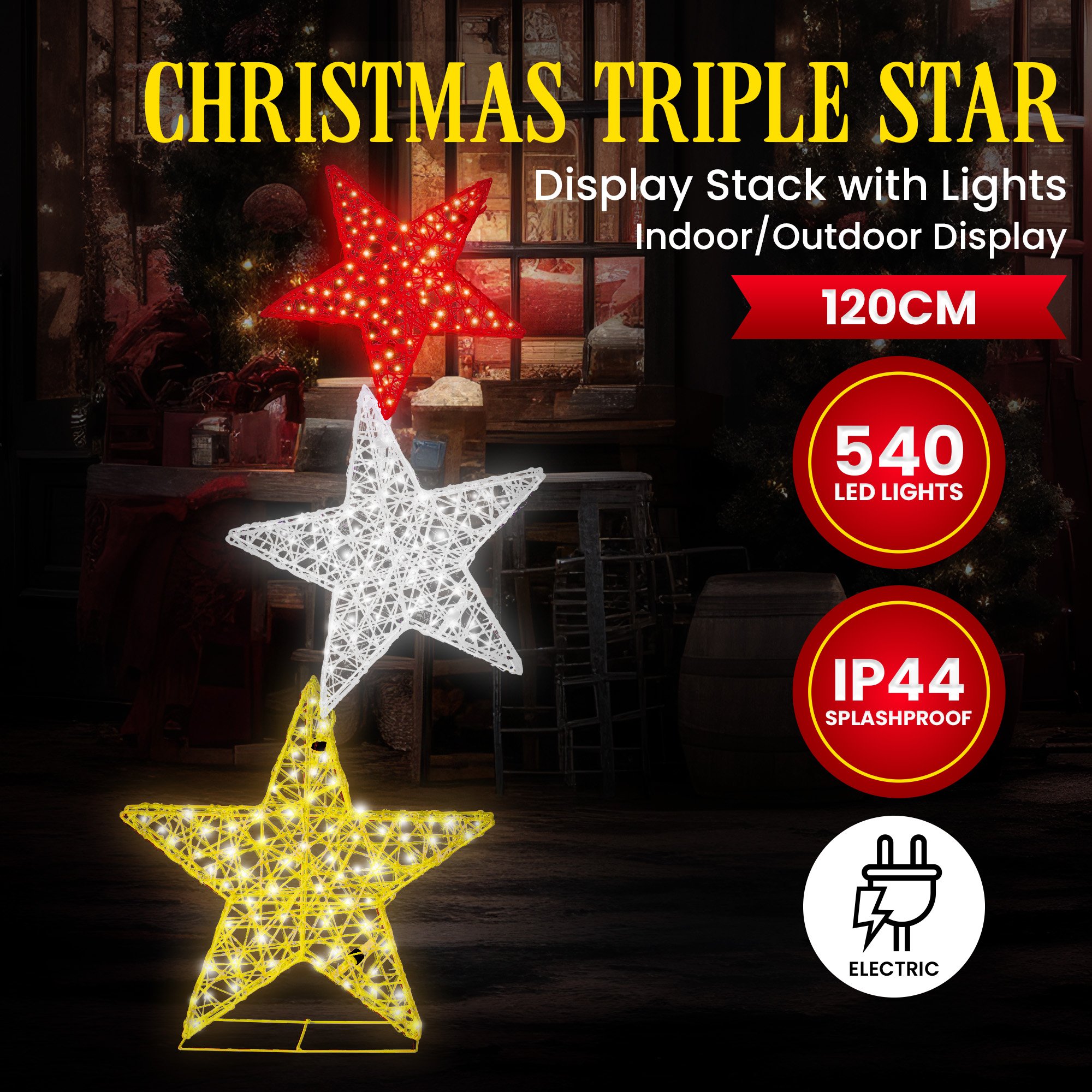 Christabelle 120cm Triple Star Christmas Display with Lights