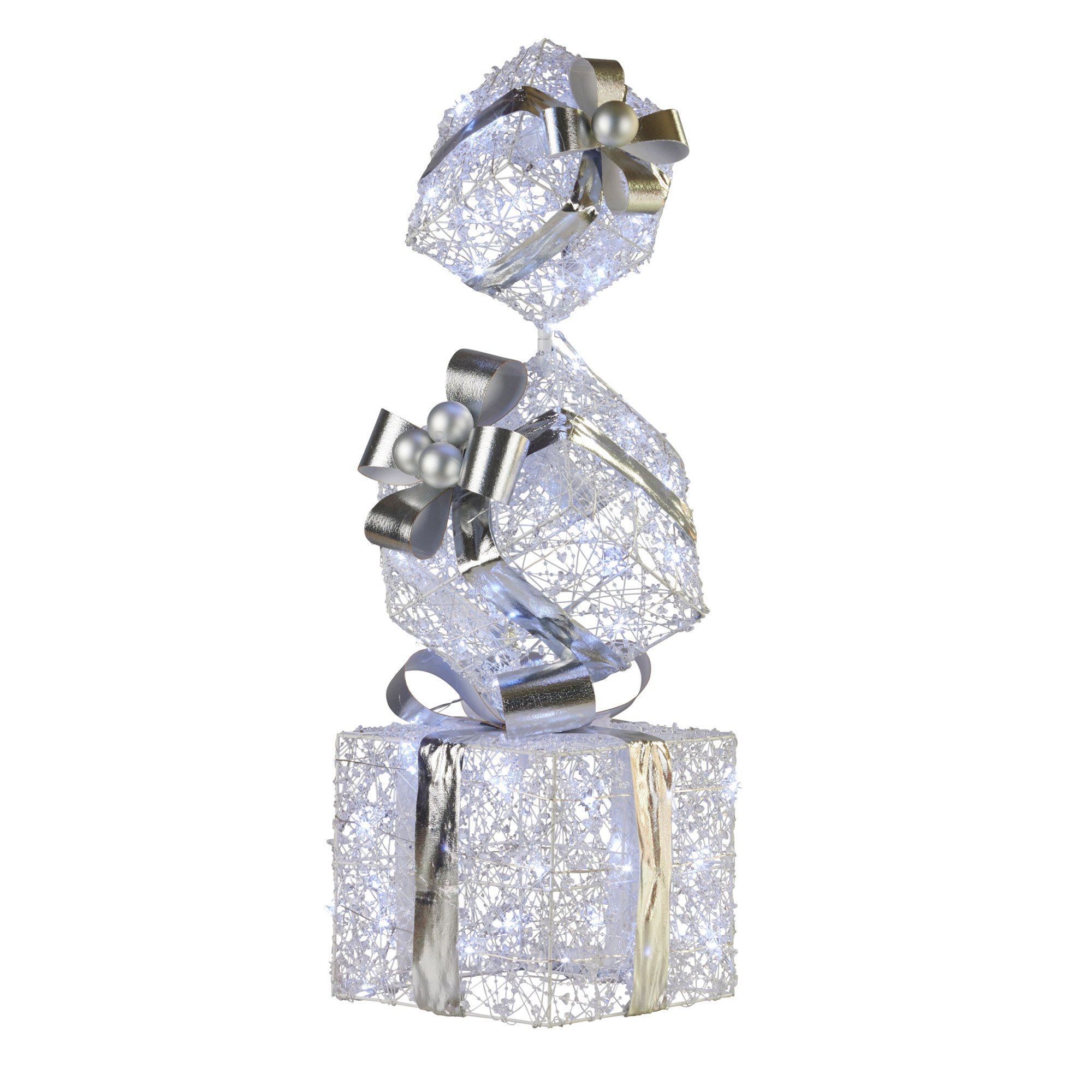 Christabelle 83cm Triple Christmas Silver Giftbox Stack Display with Lights