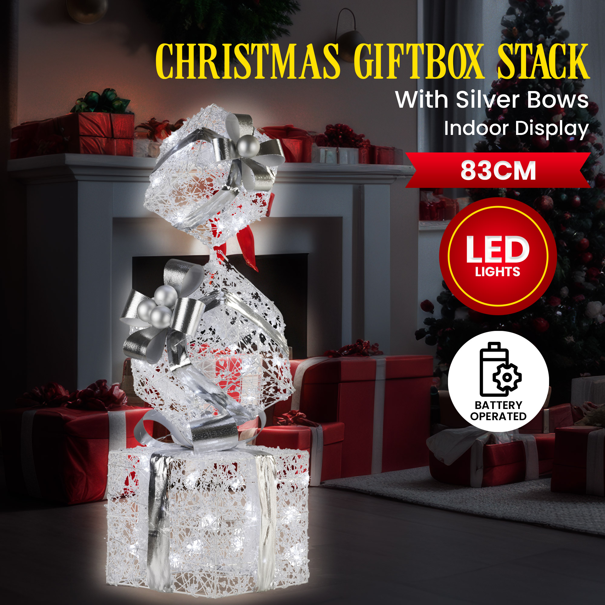 Christabelle 83cm Triple Christmas Silver Giftbox Stack Display with Lights
