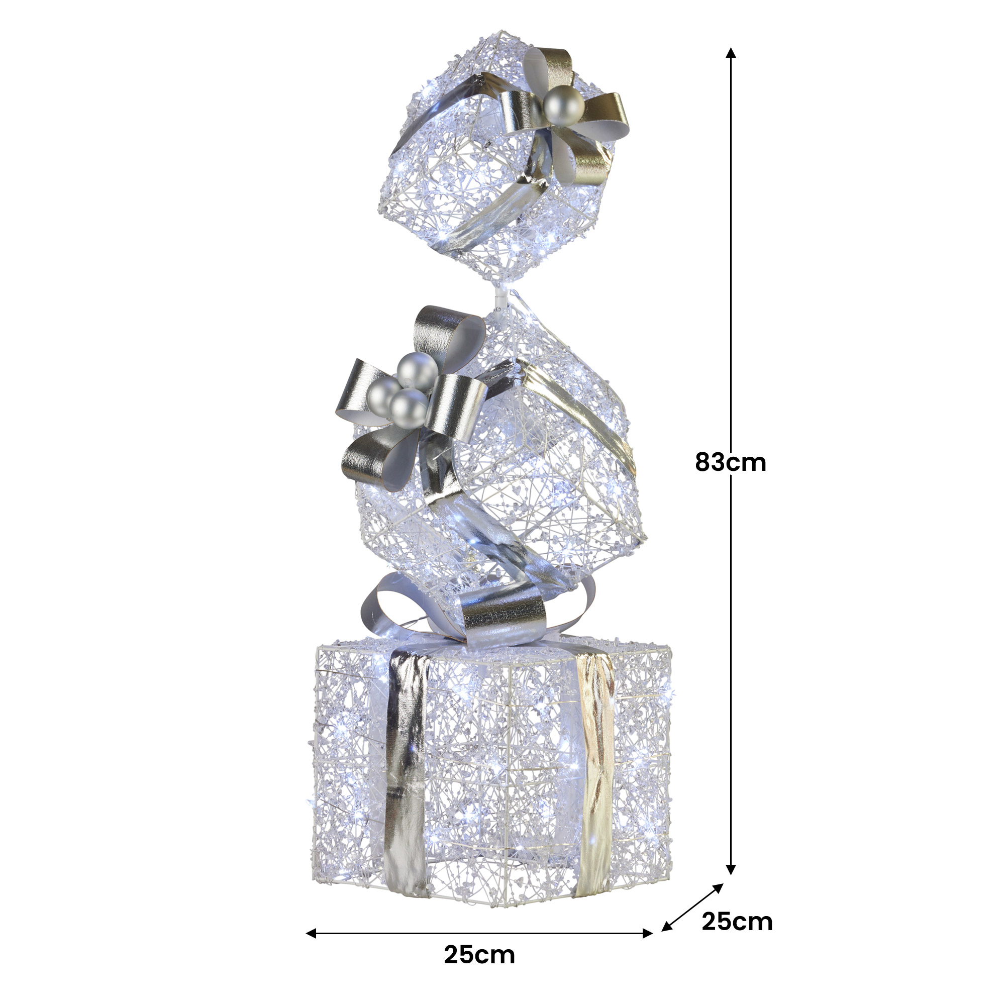 Christabelle 83cm Triple Christmas Silver Giftbox Stack Display with Lights
