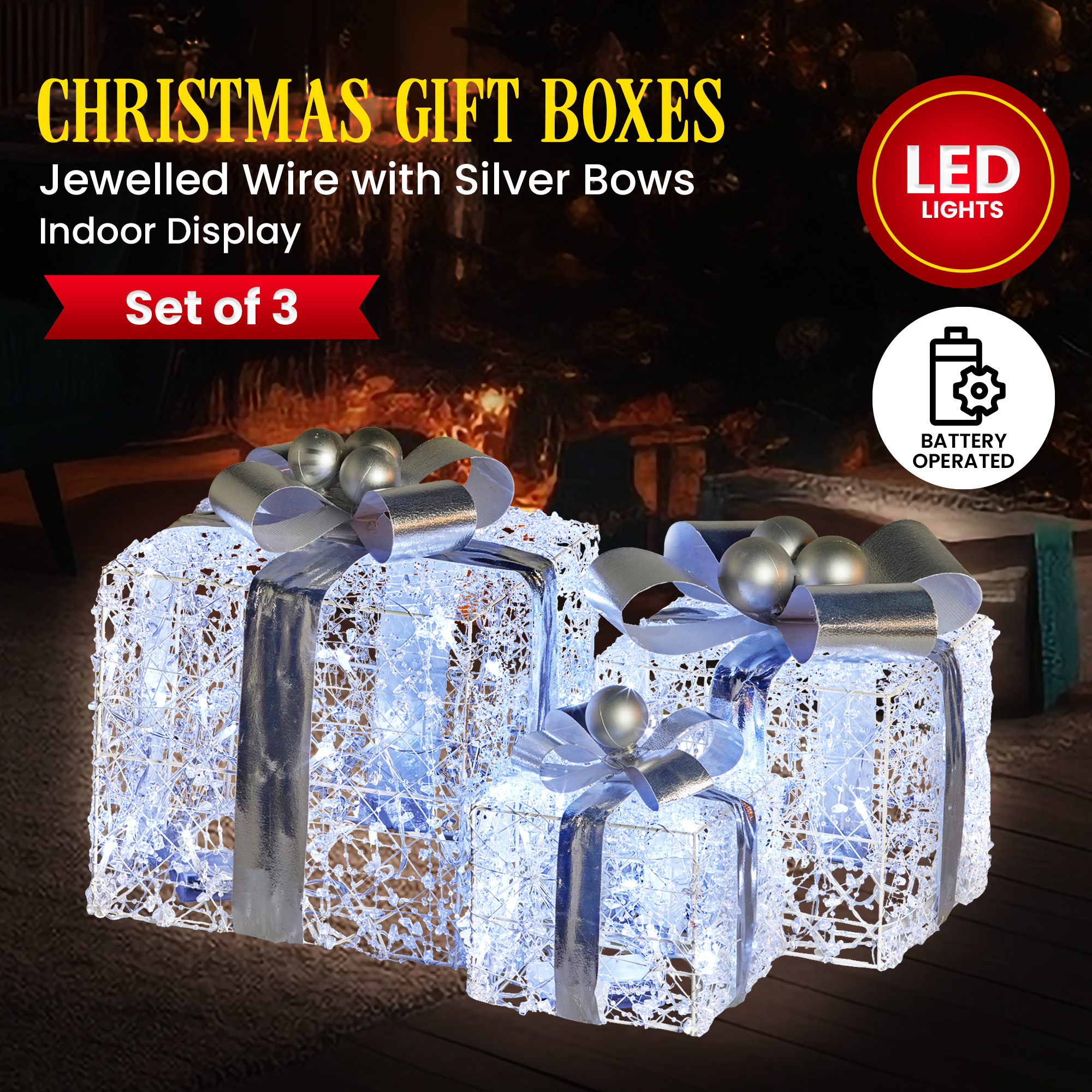 Christabelle Swishmas 3pc Christmas Gift Boxes w/ Lights w/ Jewelled Wire &