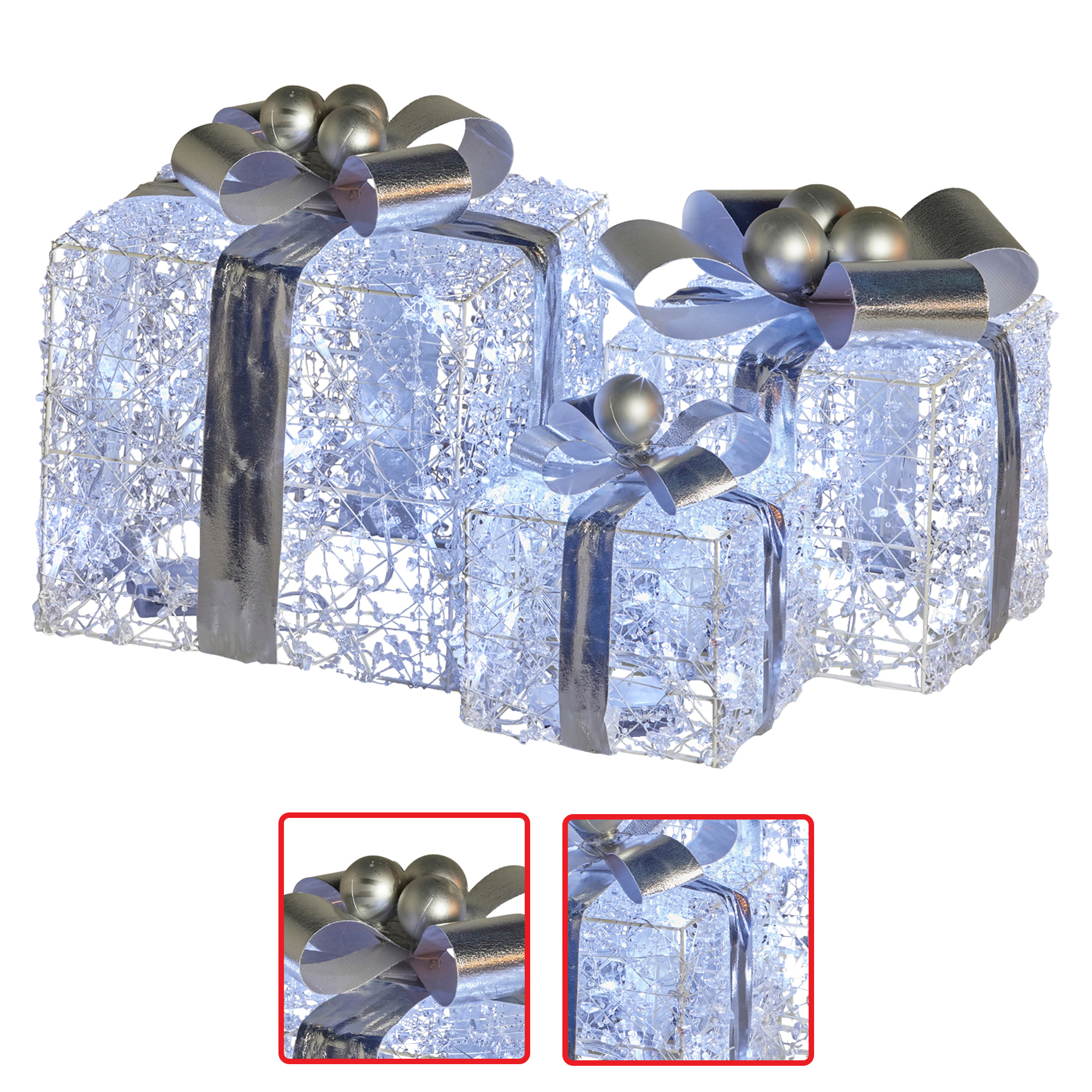Christabelle Swishmas 3pc Christmas Gift Boxes w/ Lights w/ Jewelled Wire &