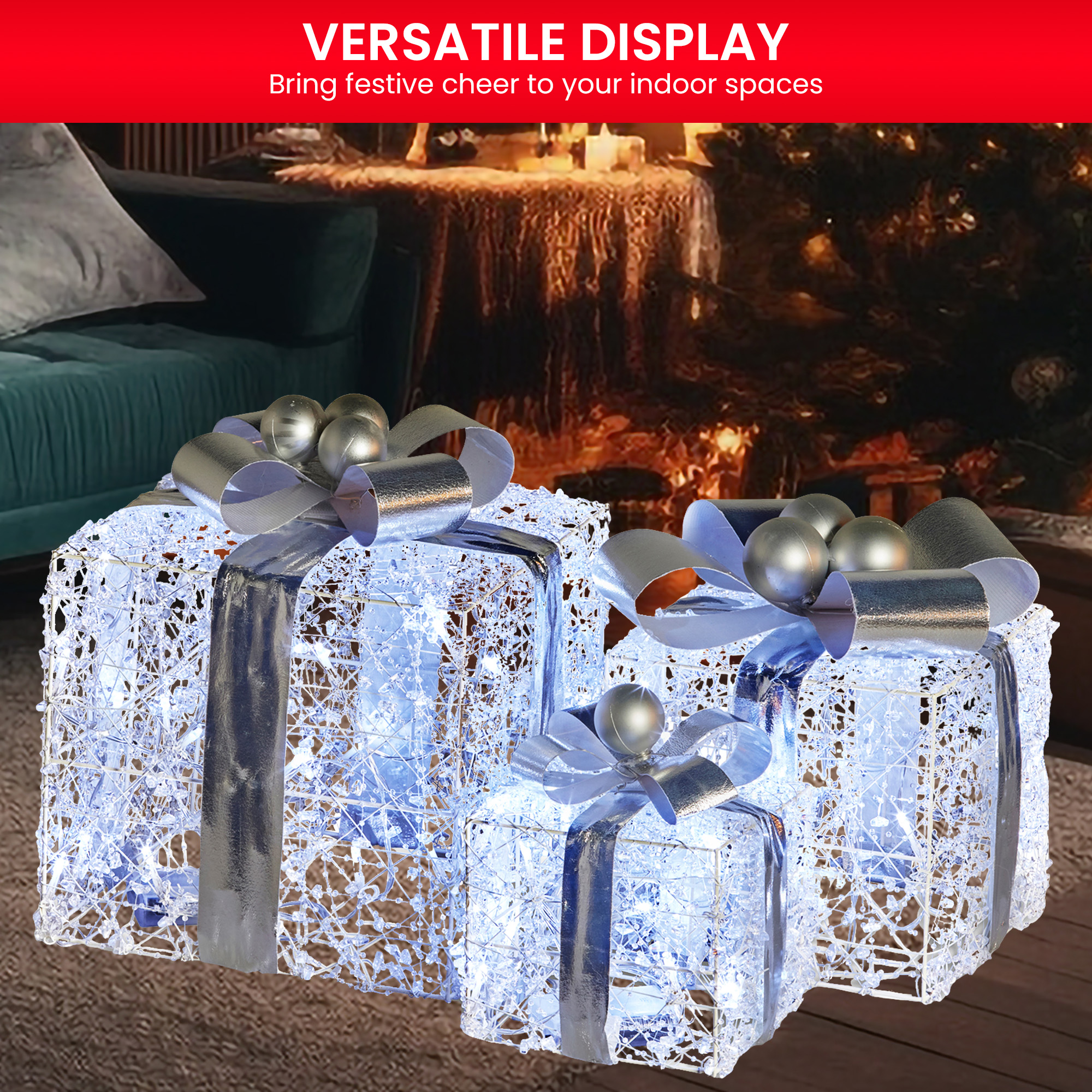 Christabelle Swishmas 3pc Christmas Gift Boxes w/ Lights w/ Jewelled Wire &