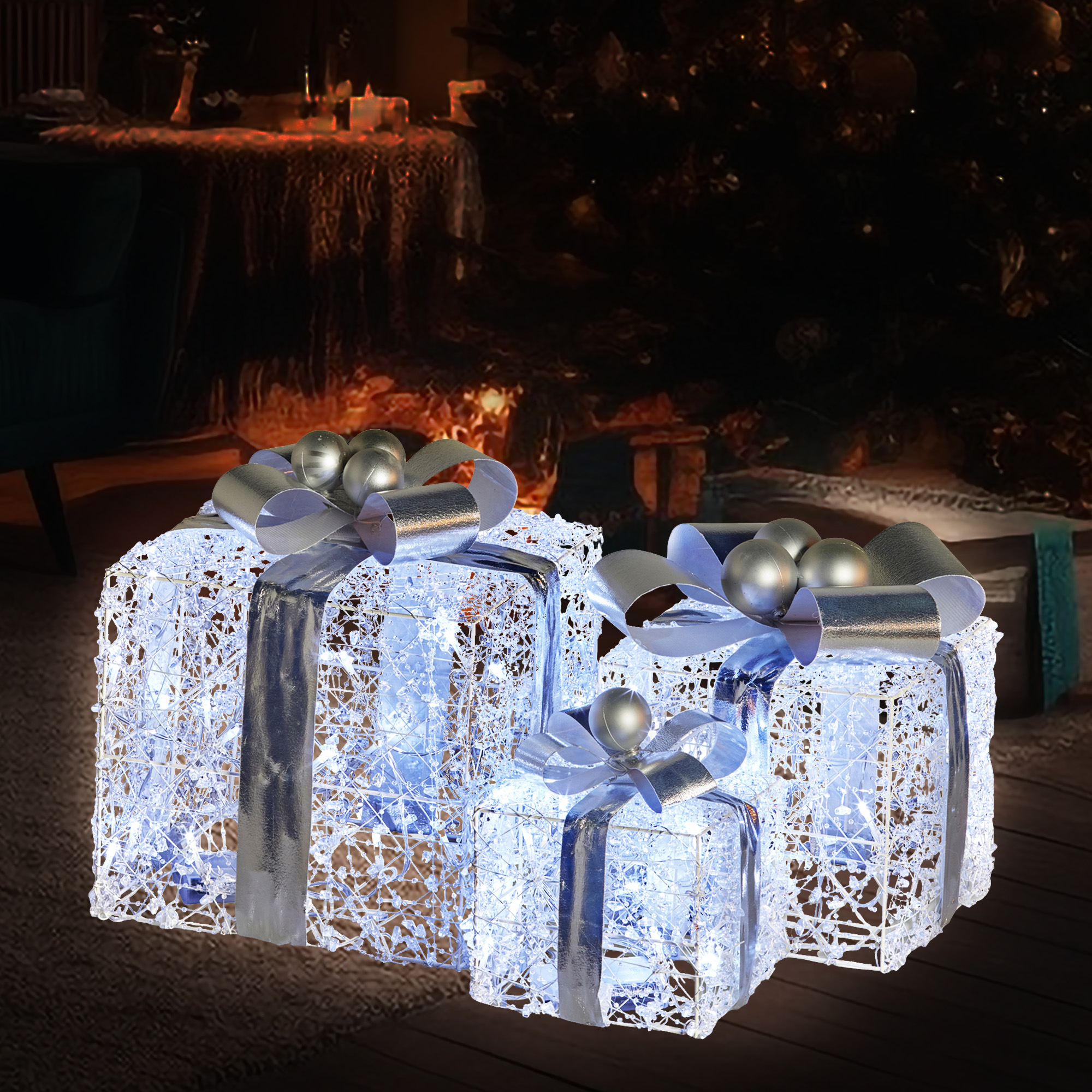 Christabelle Swishmas 3pc Christmas Gift Boxes w/ Lights w/ Jewelled Wire &