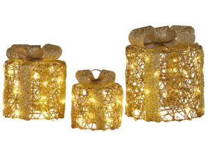 Christabelle 3pc Christmas Gift Box Display Gold w/ LED Lights & Bows Decoration