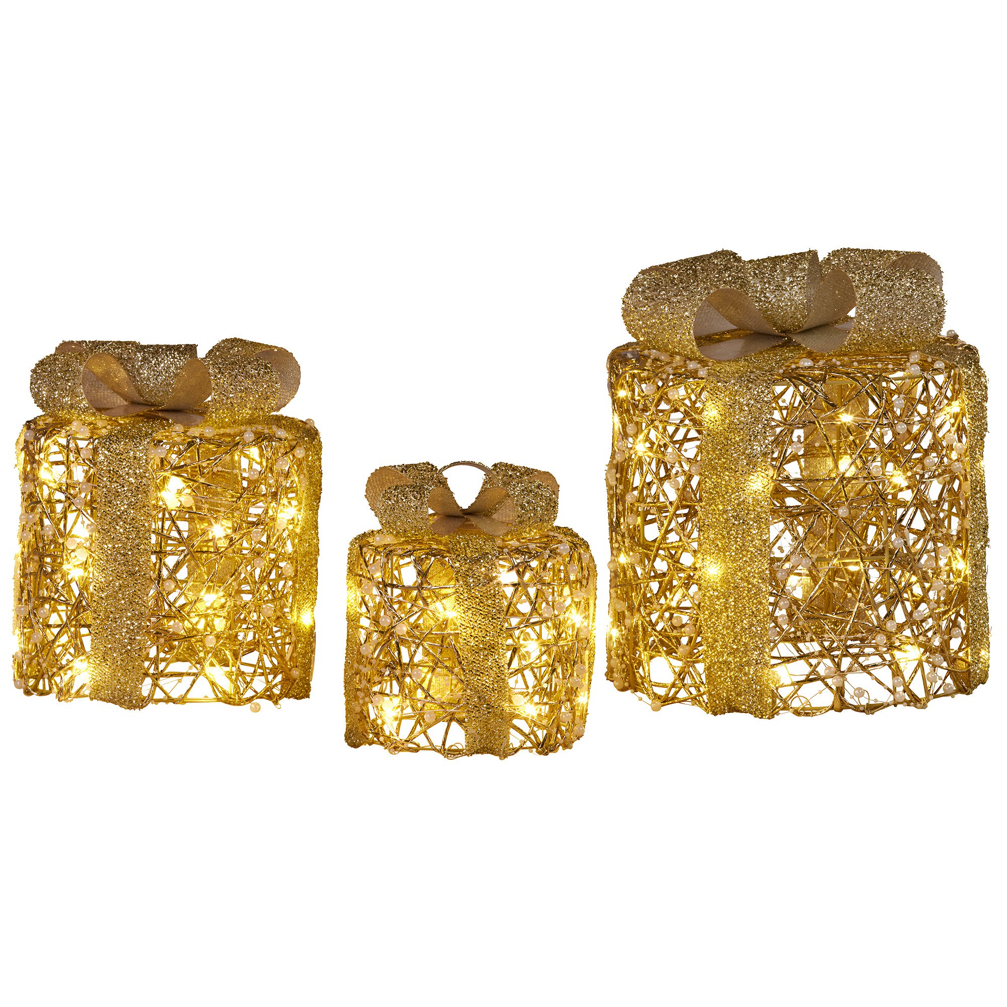 Christabelle 3pc Christmas Gift Box Display Gold w/ LED Lights & Bows Decoration