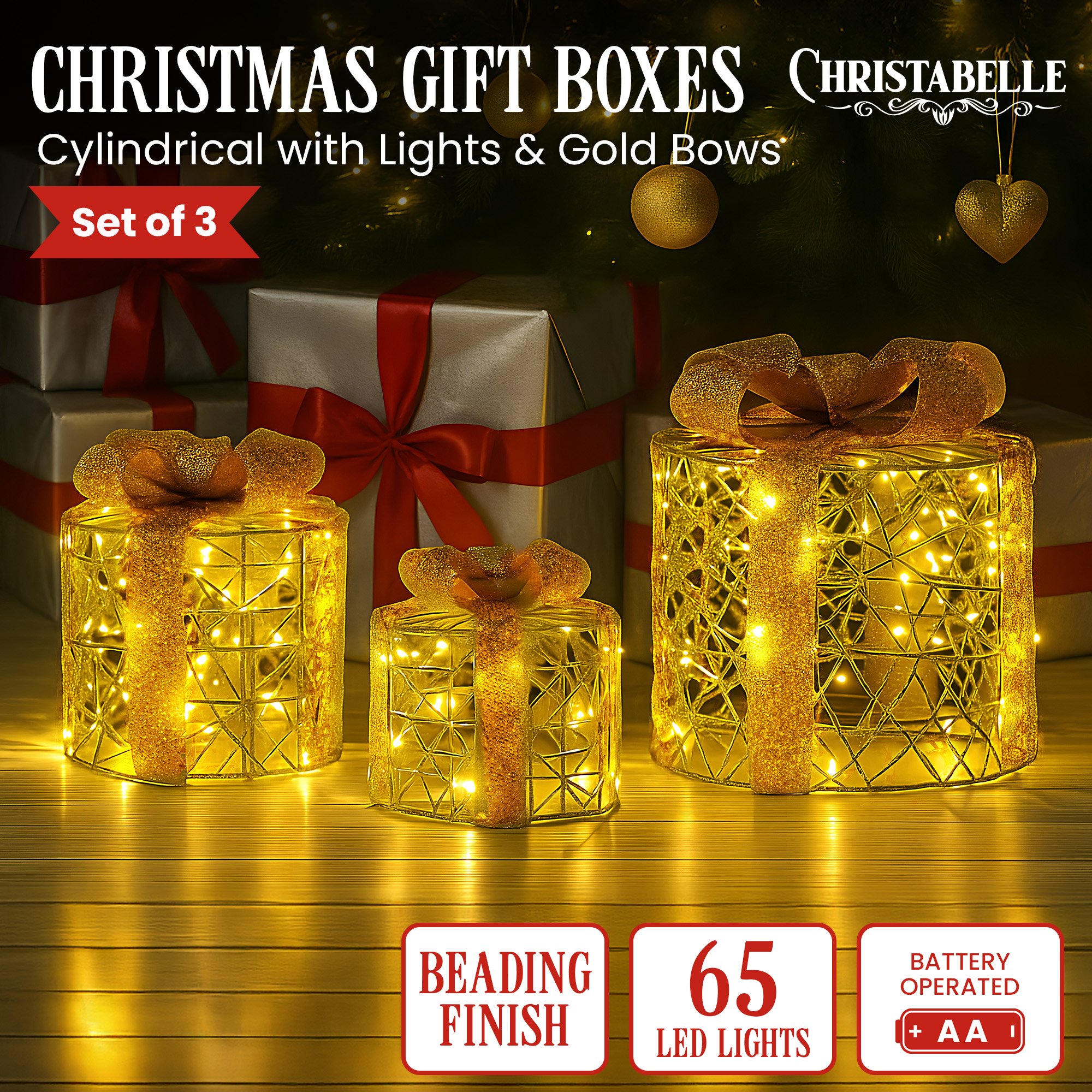 Christabelle 3pc Christmas Gift Box Display Gold w/ LED Lights & Bows Decoration