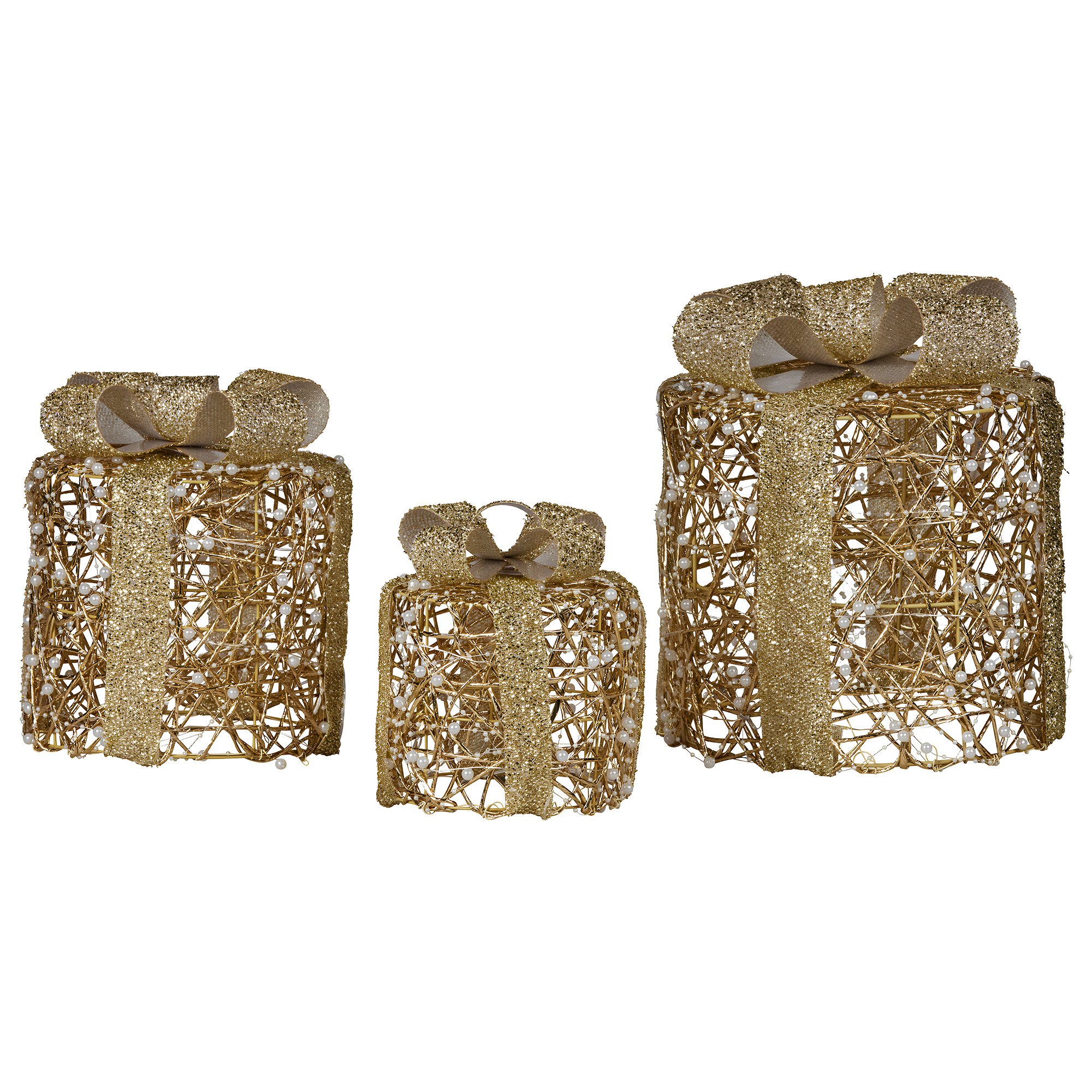 Christabelle 3pc Christmas Gift Box Display Gold w/ LED Lights & Bows Decoration