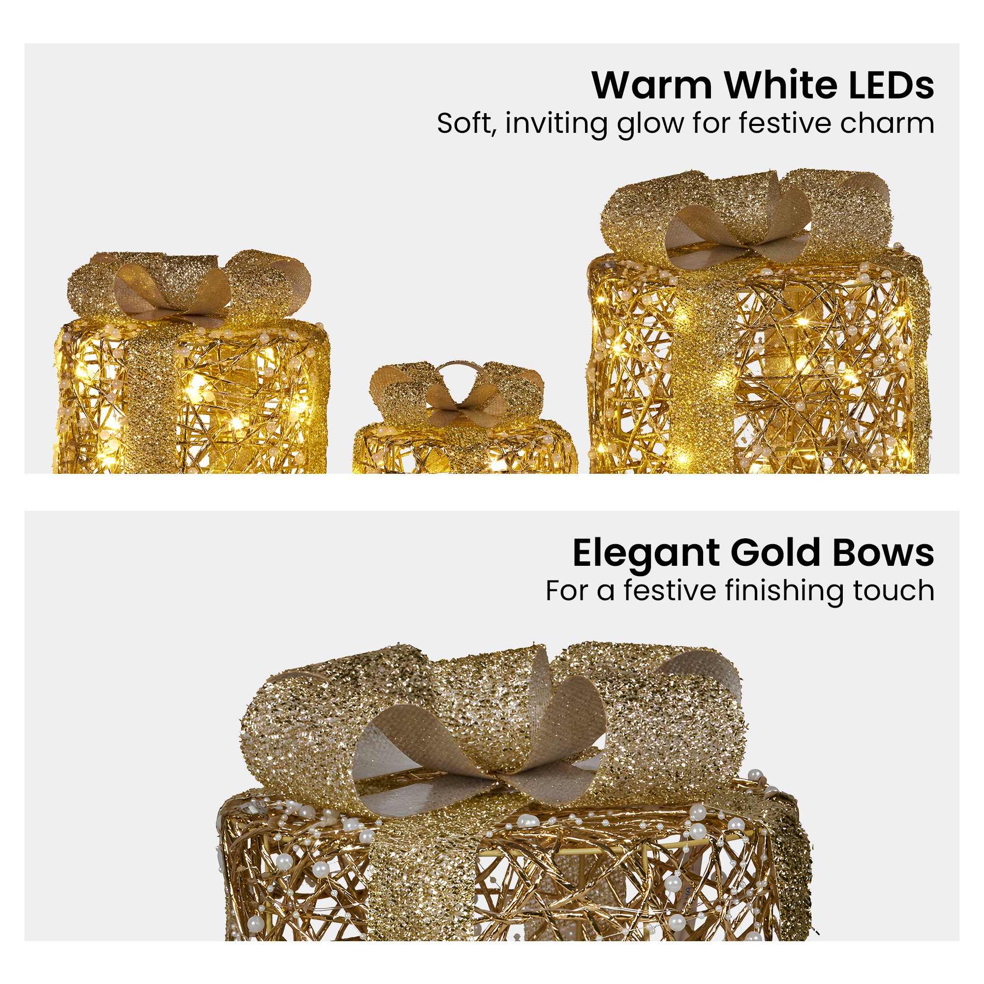 Christabelle 3pc Christmas Gift Box Display Gold w/ LED Lights & Bows Decoration