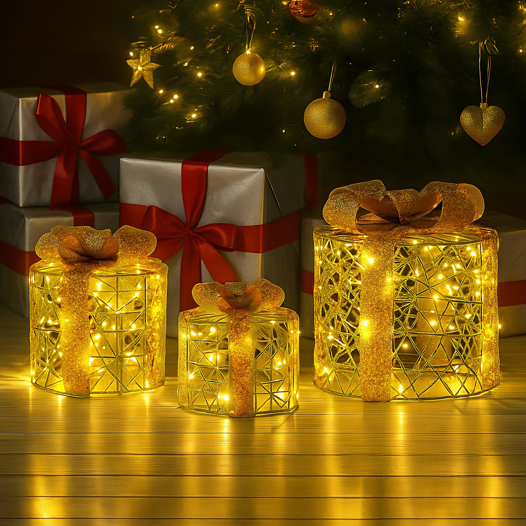 Christabelle 3pc Christmas Gift Box Display Gold w/ LED Lights & Bows Decoration