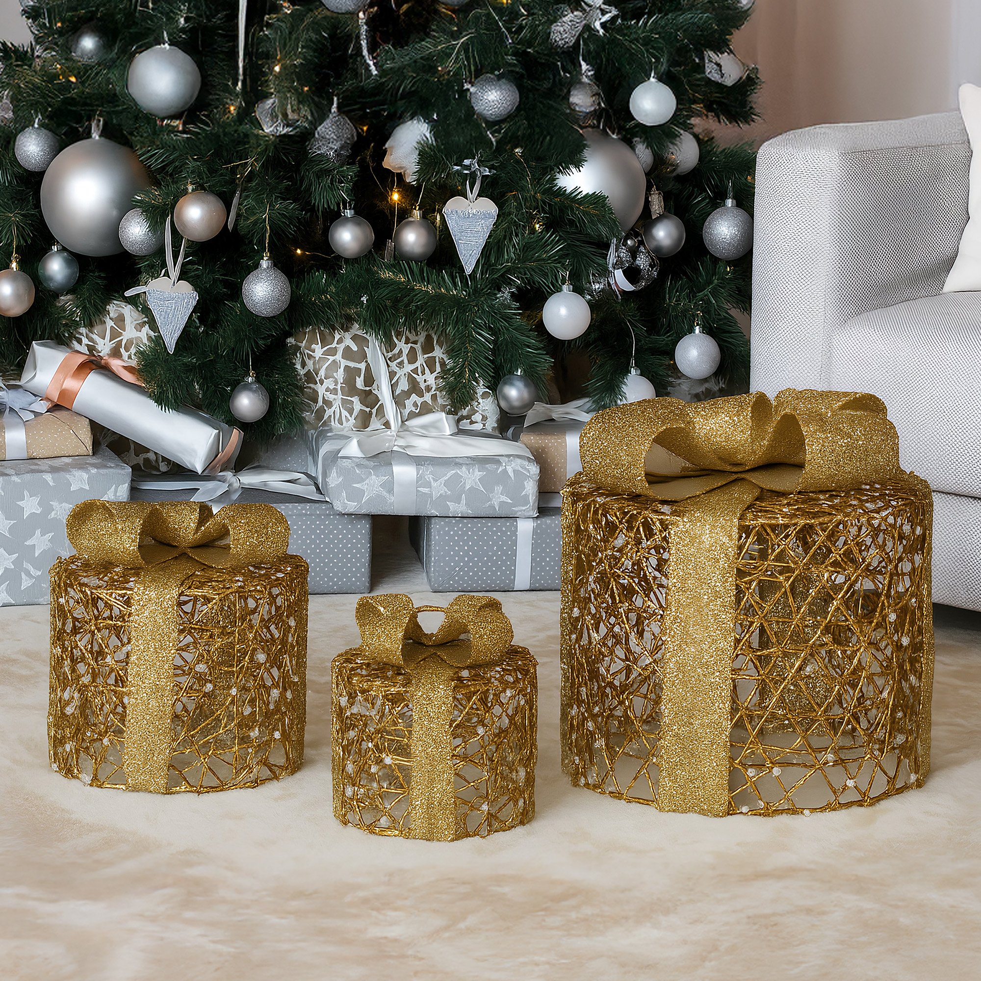 Christabelle 3pc Christmas Gift Box Display Gold w/ LED Lights & Bows Decoration