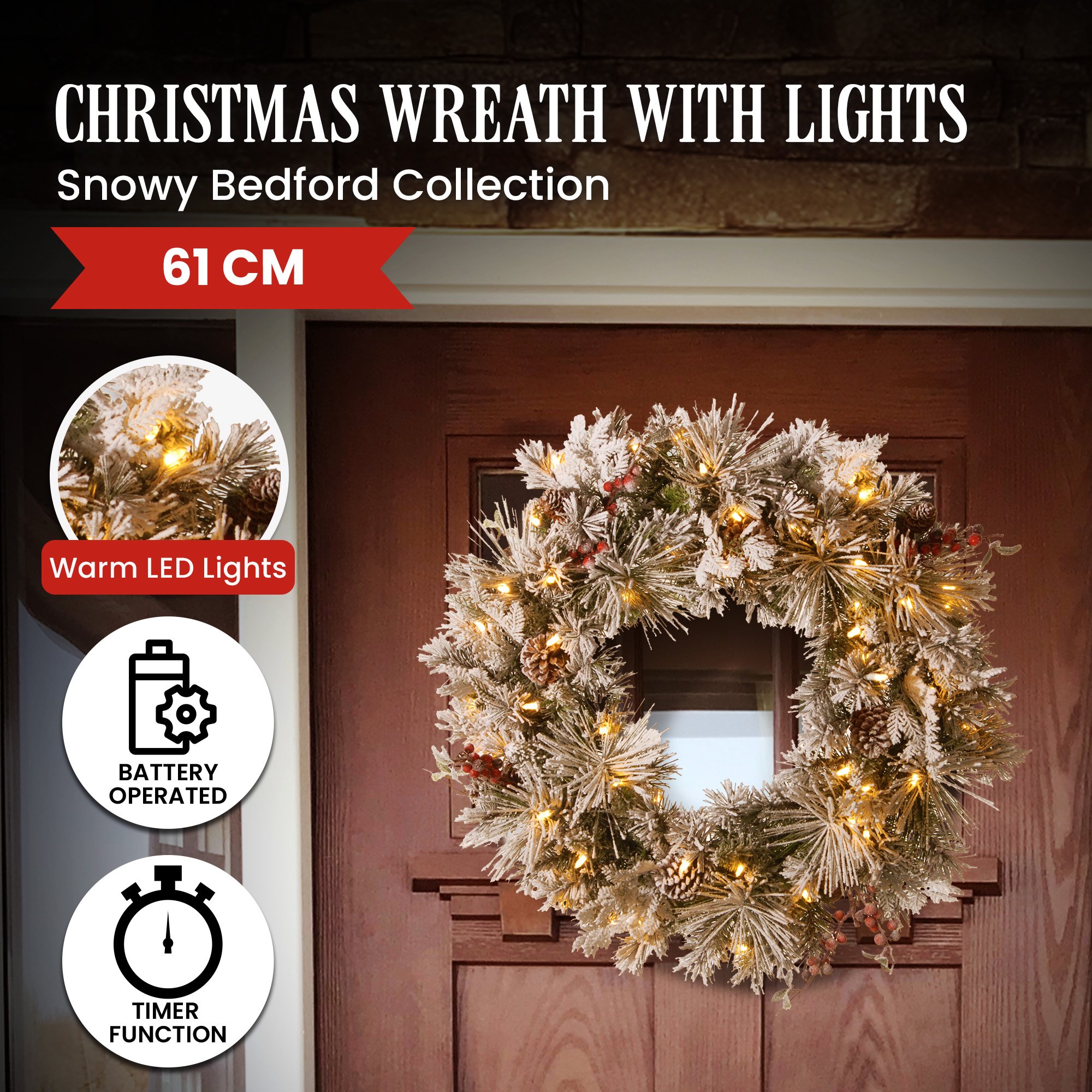Christabelle 61cm Snowy Christmas Wreath Bedford w/ LED Lights Front Door