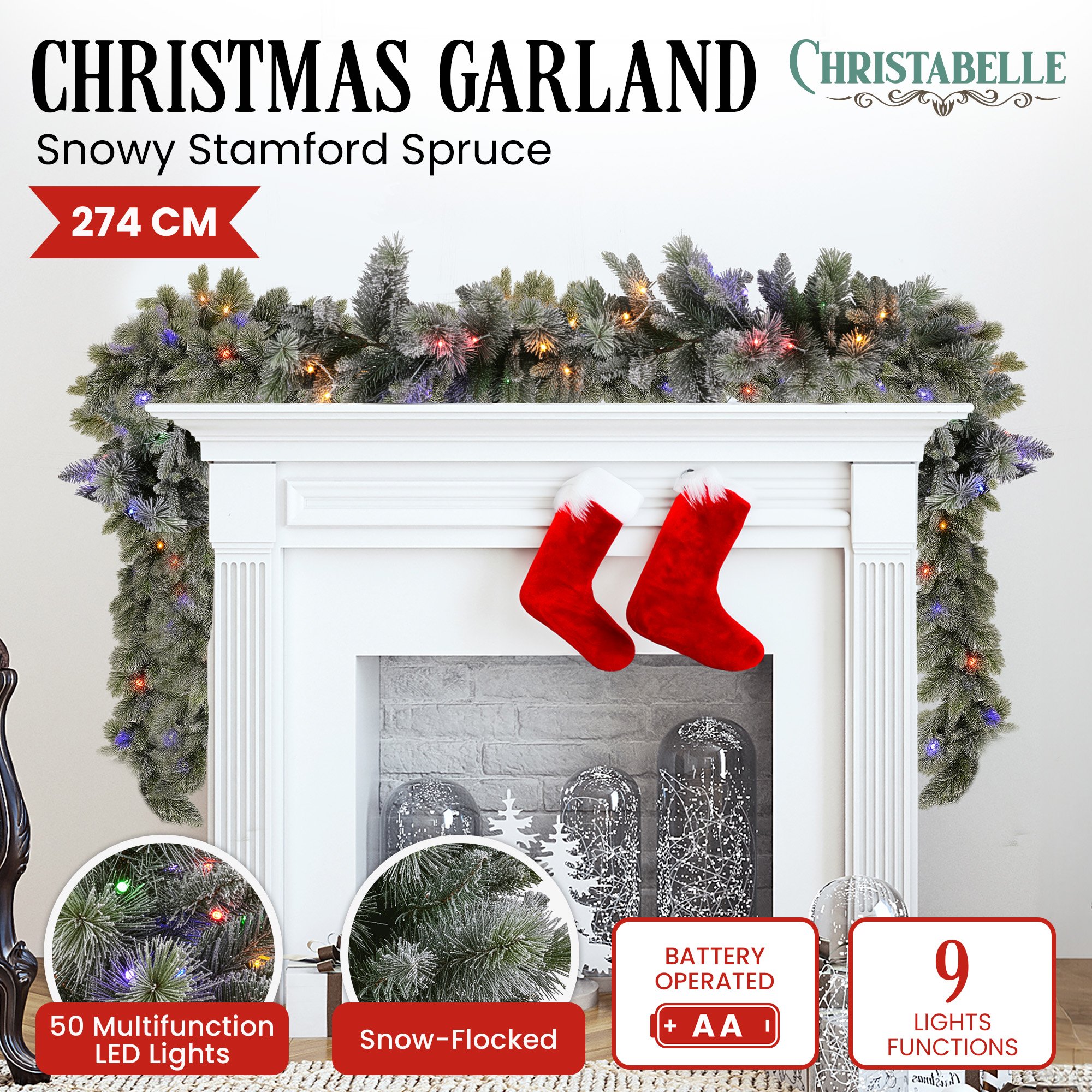 Christabelle 2.7m Christmas Garland Snowy w/ LED Lights Stamford Spruce Tree
