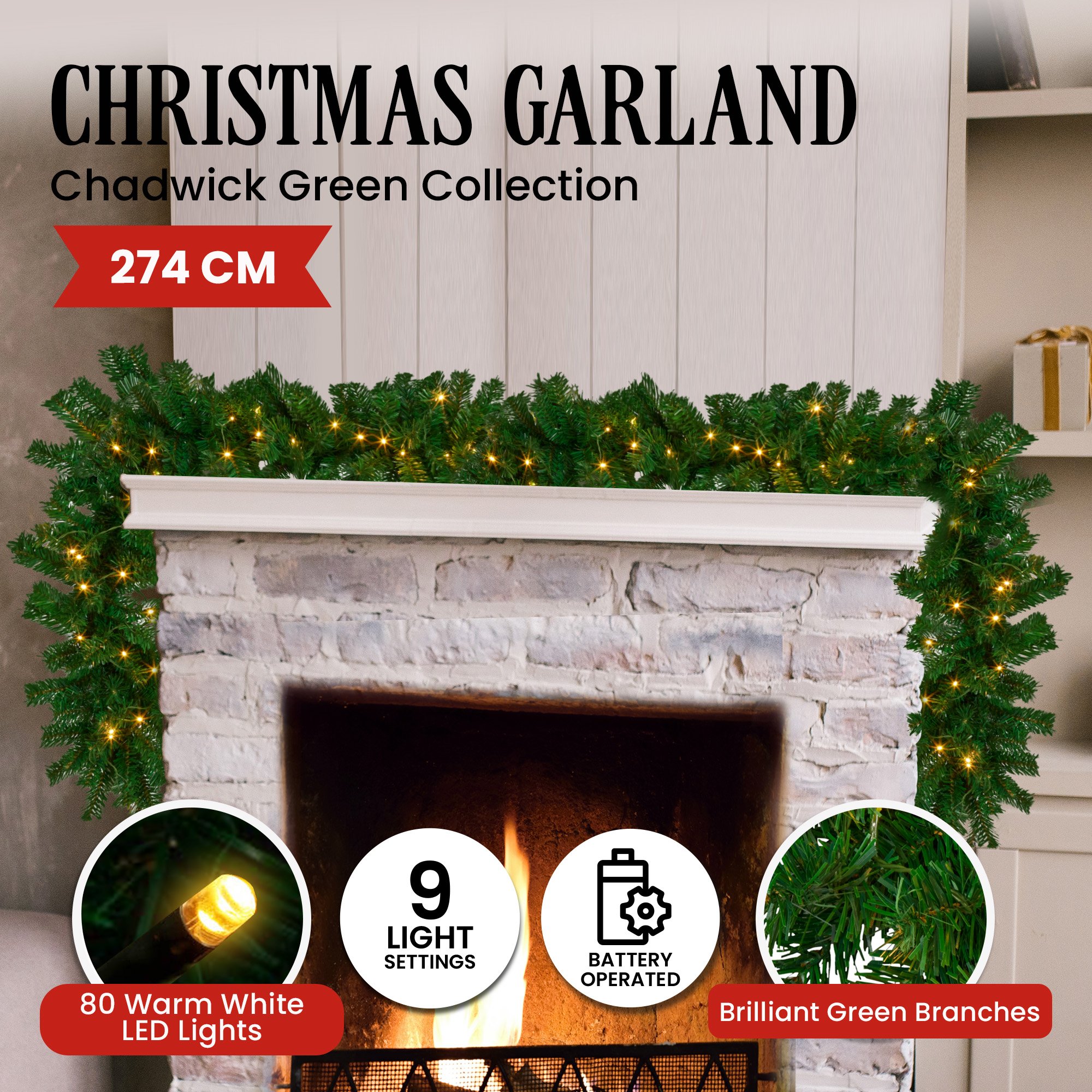 Christabelle 2.7m Christmas Garland w/ LED Lights Chadwick Tree Decoration