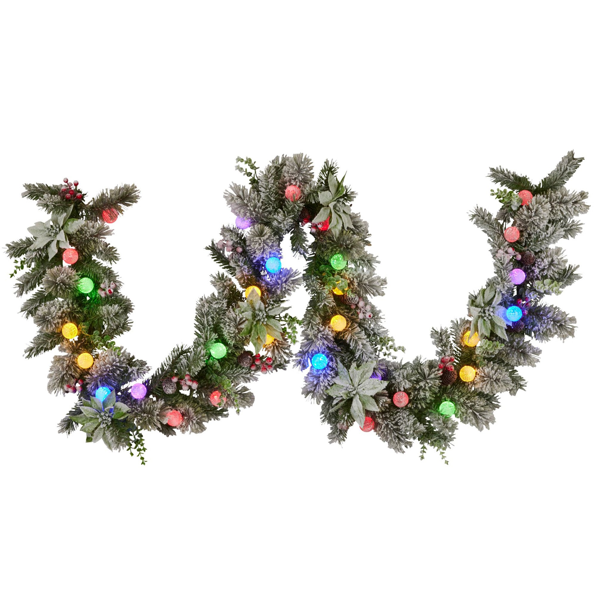 Christabelle 2.7m Snowy Christmas Garland w/ LED Coloured Baubles Lights Tree